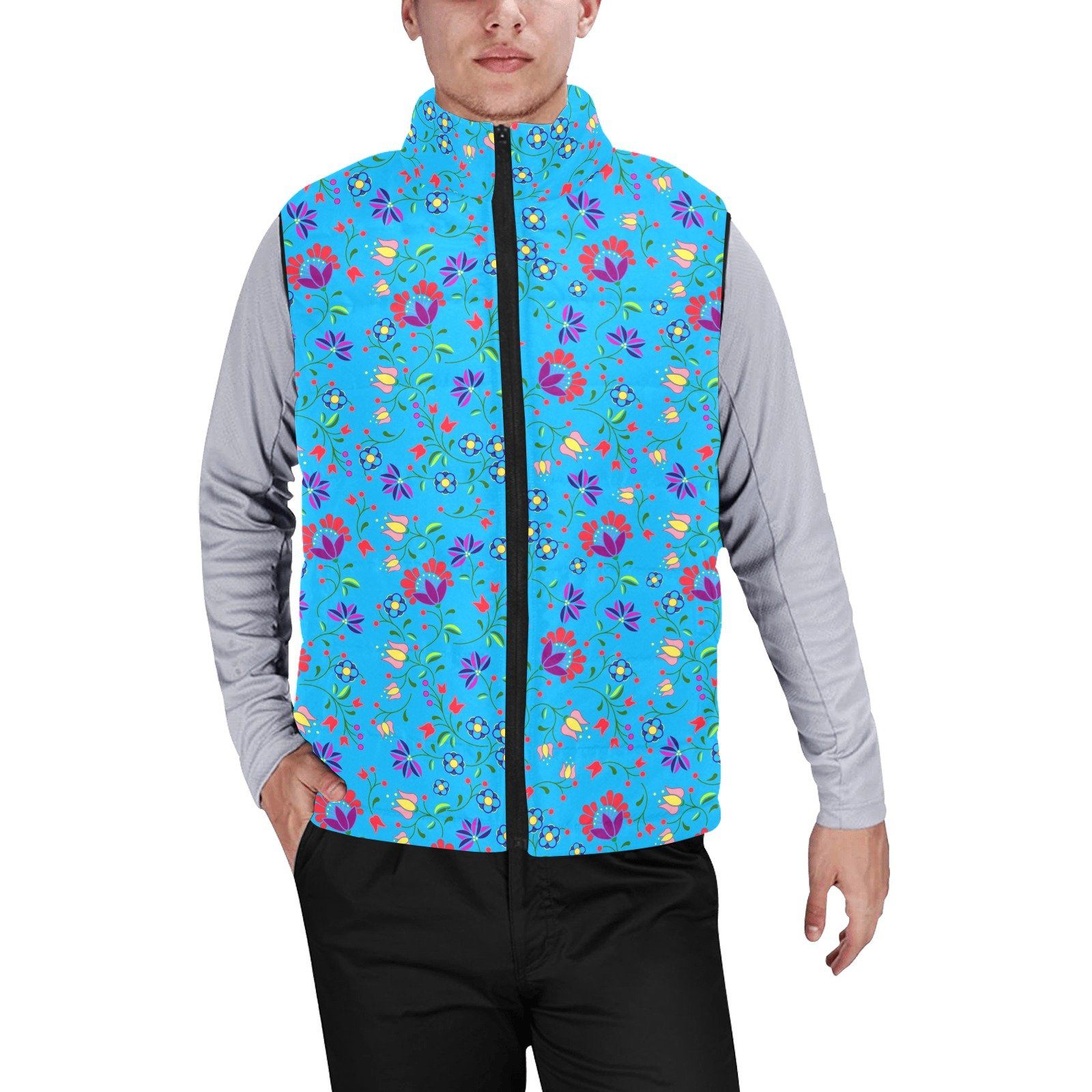 Fleur Indigine Ciel Men's Padded Vest Jacket (Model H44) Men's Padded Vest Jacket (H44) e-joyer 