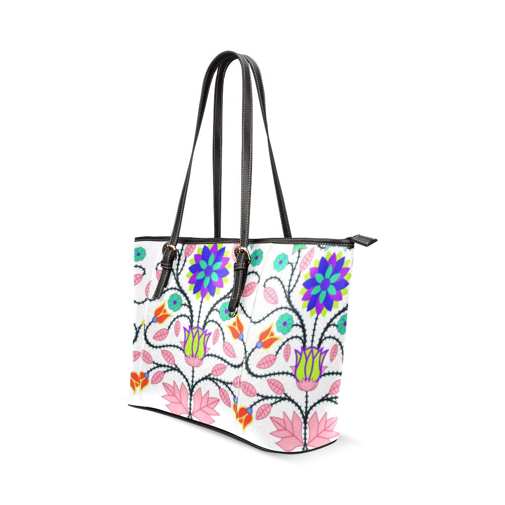 Floral Beadwork Four Clans White Leather Tote Bag/Large (Model 1640) Leather Tote Bag (1640) e-joyer 