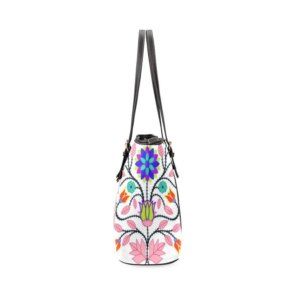 Floral Beadwork Four Clans White Leather Tote Bag/Large (Model 1640) Leather Tote Bag (1640) e-joyer 