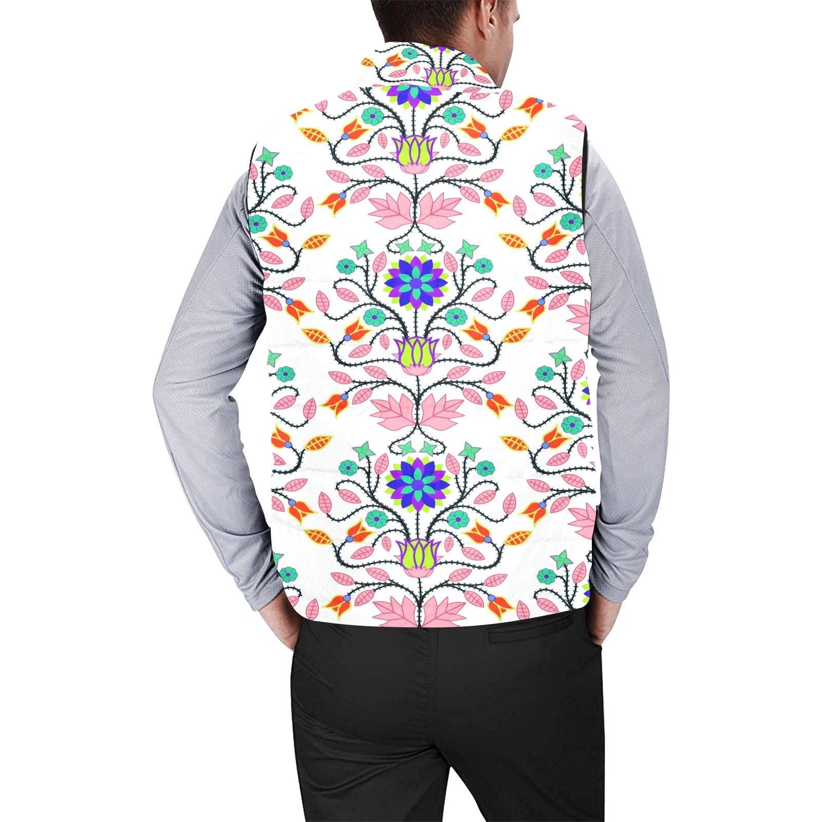 Floral Beadwork Four Clans White Men's Padded Vest Jacket (Model H44) Men's Padded Vest Jacket (H44) e-joyer 
