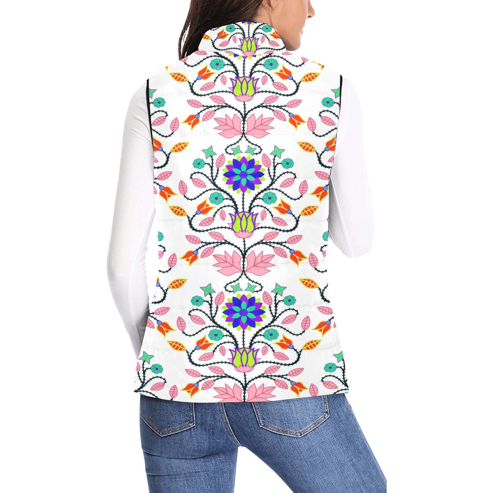 Floral Beadwork Four Clans White Women's Padded Vest Jacket (Model H44) Women's Padded Vest Jacket (H44) e-joyer 