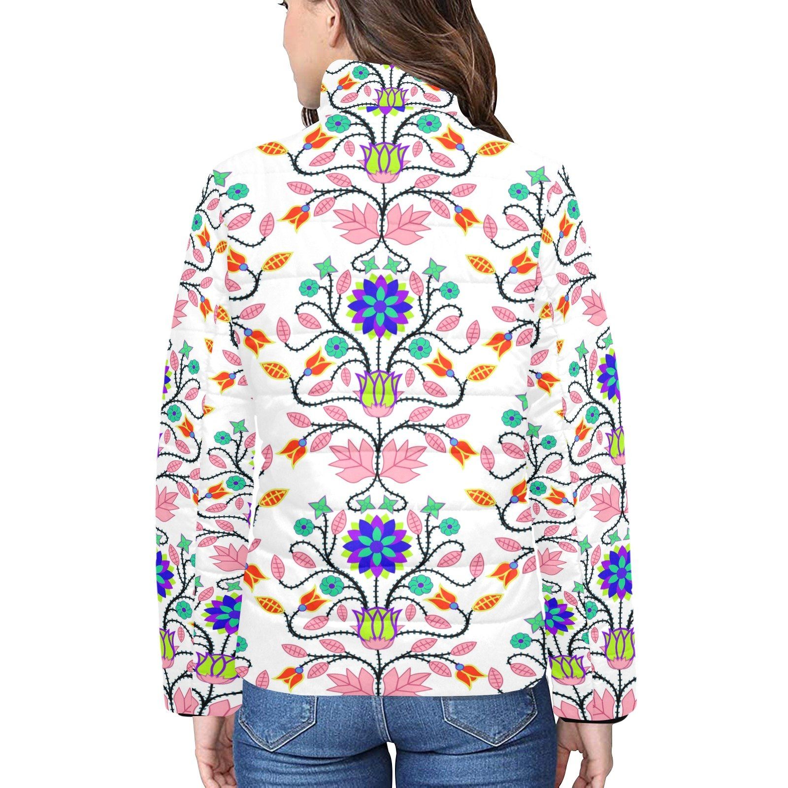 Floral Beadwork Four Clans White Women's Stand Collar Padded Jacket (Model H41) jacket e-joyer 