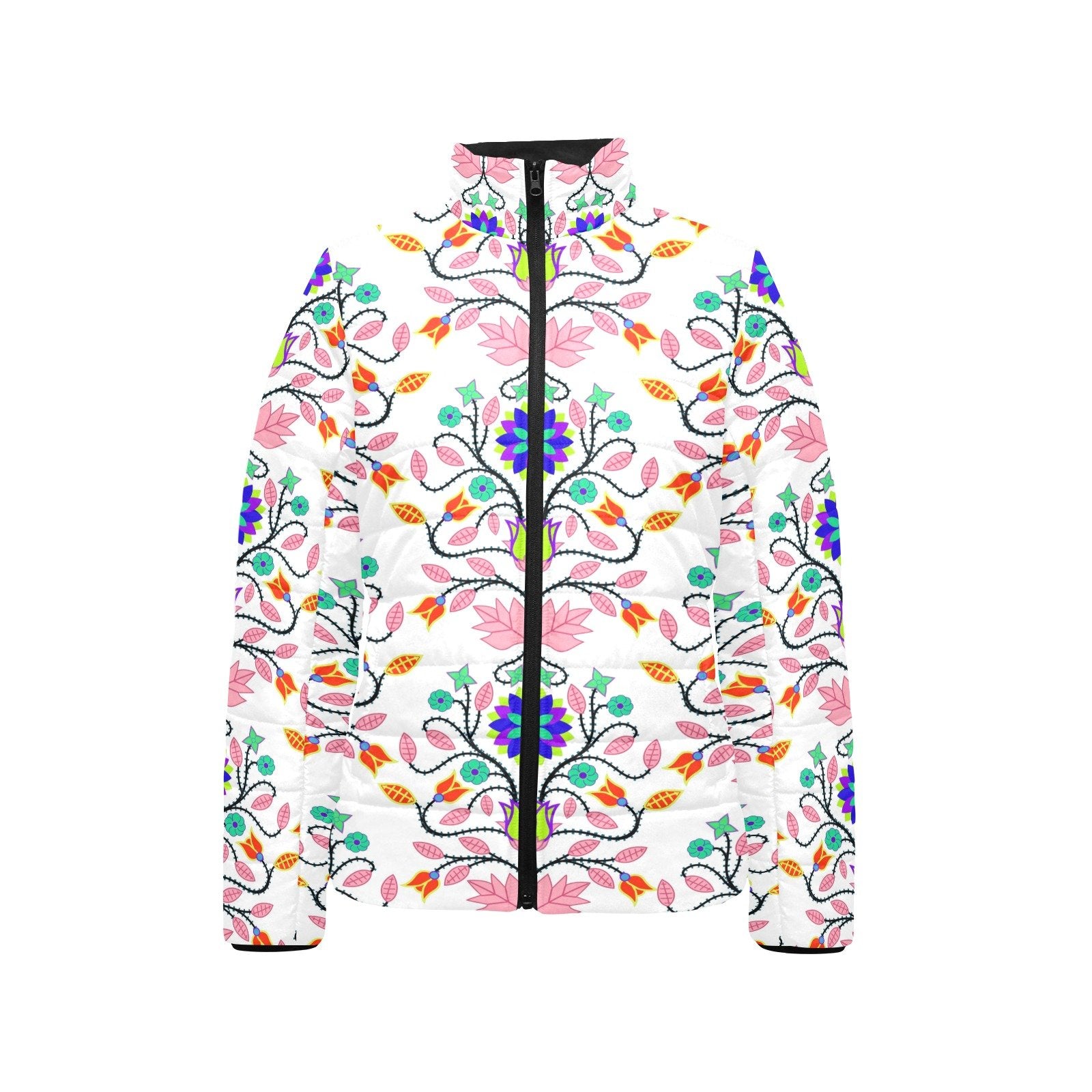 Floral Beadwork Four Clans White Women's Stand Collar Padded Jacket (Model H41) jacket e-joyer 