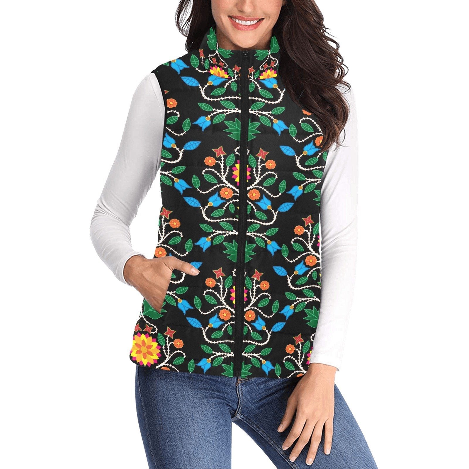 Floral Beadwork Four Clans Women's Padded Vest Jacket (Model H44) Women's Padded Vest Jacket (H44) e-joyer 