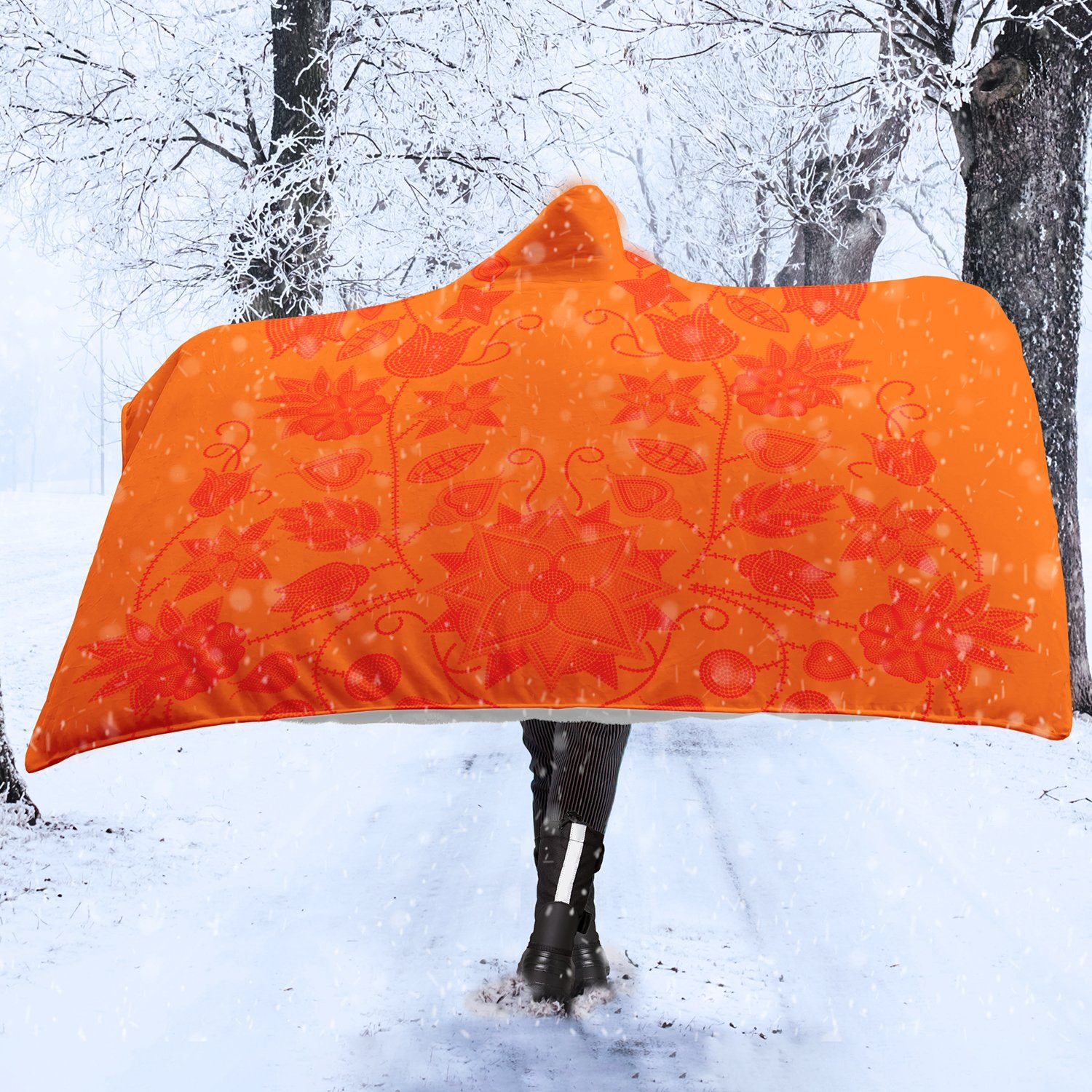 Floral Beadwork Real Orange Hooded Blanket blanket 49 Dzine 
