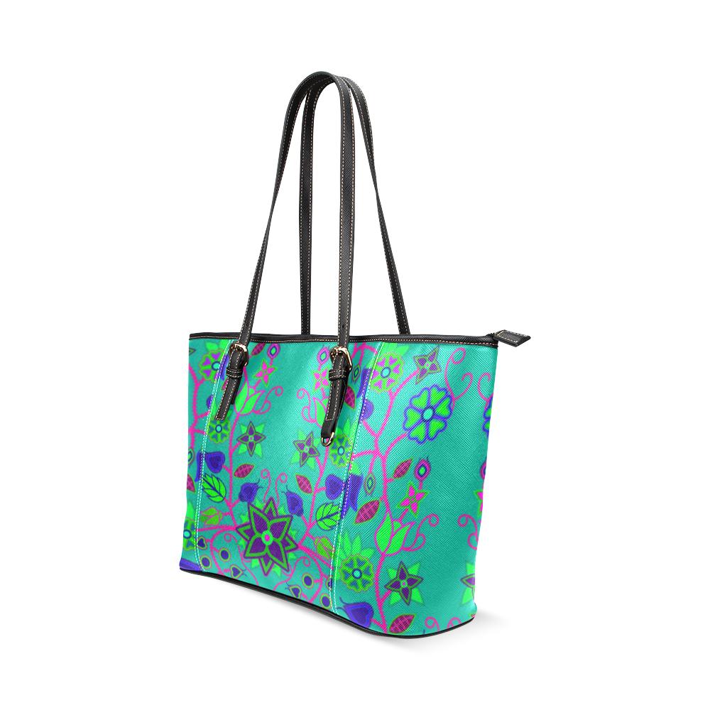 Floral Beadwork Seven Clans Teal Leather Tote Bag/Large (Model 1640) Leather Tote Bag (1640) e-joyer 