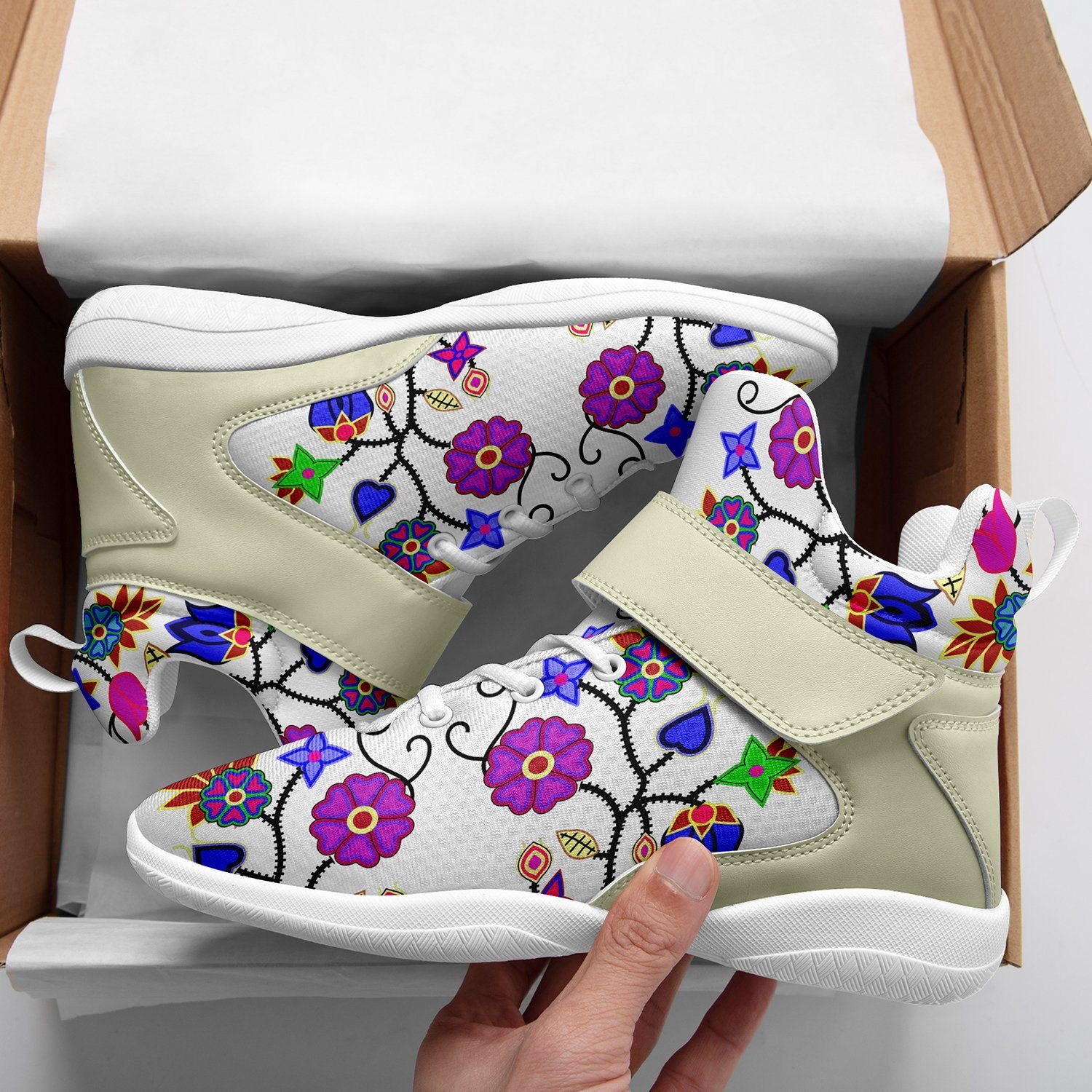Floral Beadwork Seven Clans White Kid's Ipottaa Basketball / Sport High Top Shoes 49 Dzine 