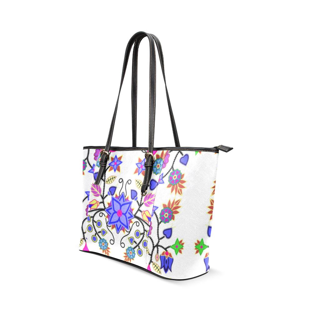 Floral Beadwork Seven Clans White Leather Tote Bag/Large (Model 1640) Leather Tote Bag (1640) e-joyer 