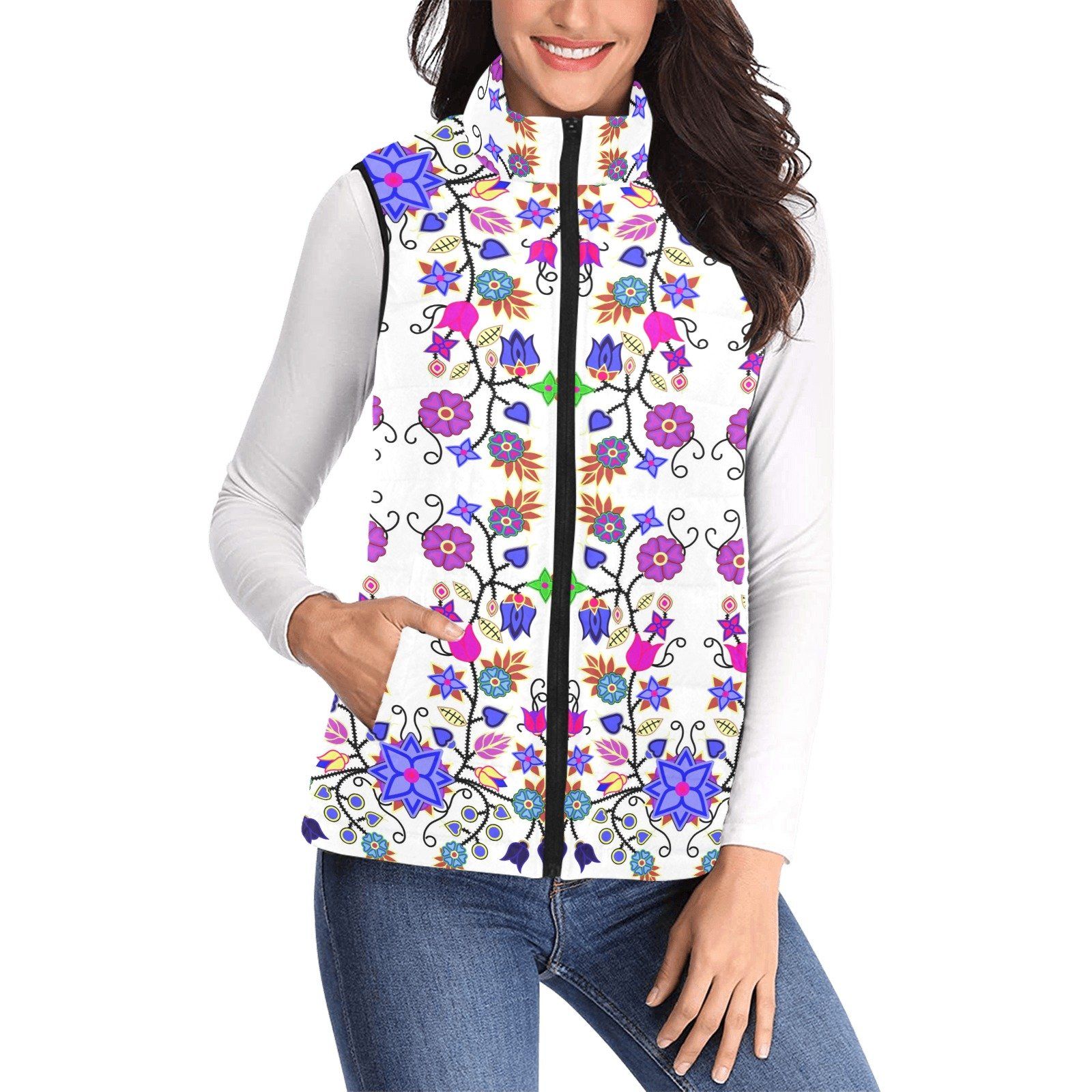 Floral Beadwork Seven Clans White Women's Padded Vest Jacket (Model H44) Women's Padded Vest Jacket (H44) e-joyer 