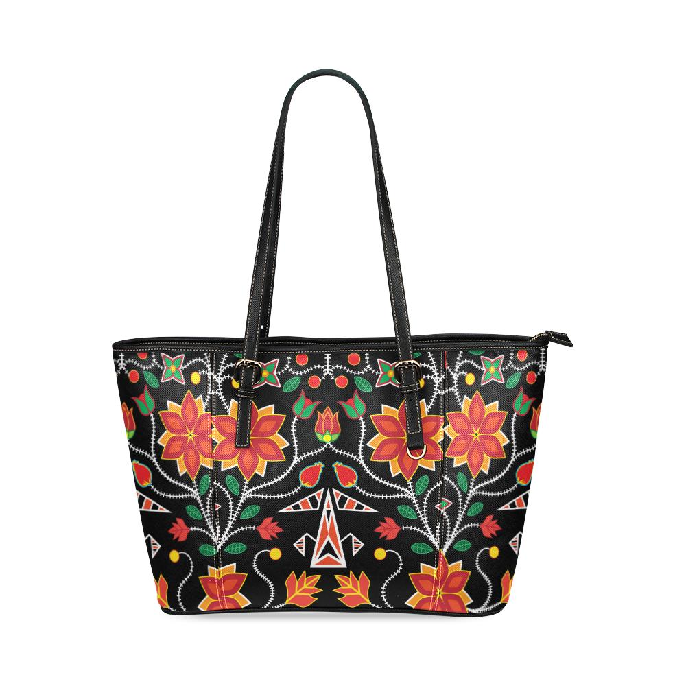 Floral Beadwork Six Bands Leather Tote Bag/Large (Model 1640) Leather Tote Bag (1640) e-joyer 