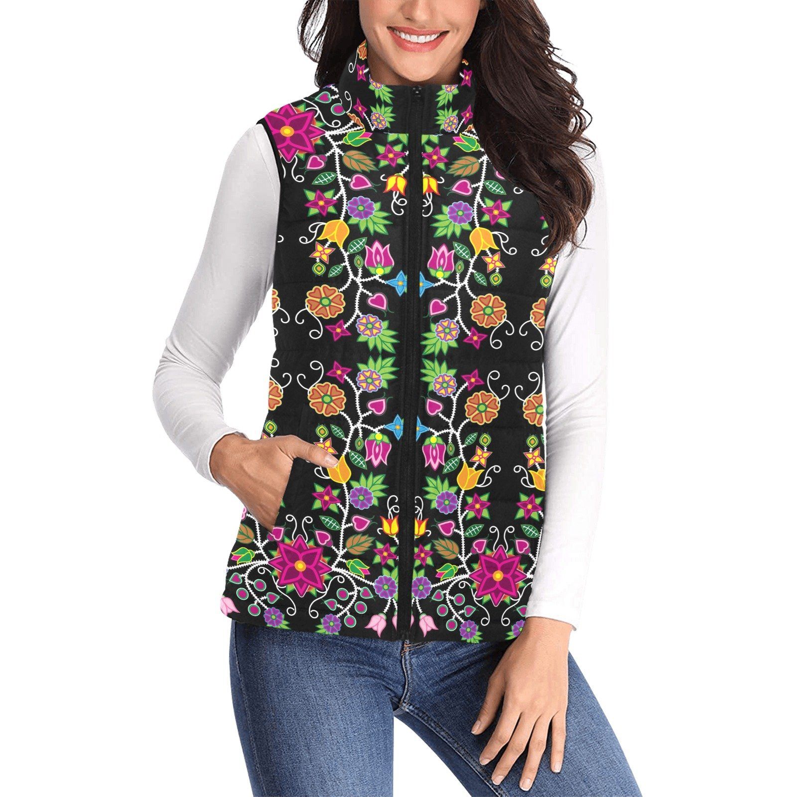 Floral Beadwork Women's Padded Vest Jacket (Model H44) Women's Padded Vest Jacket (H44) e-joyer 