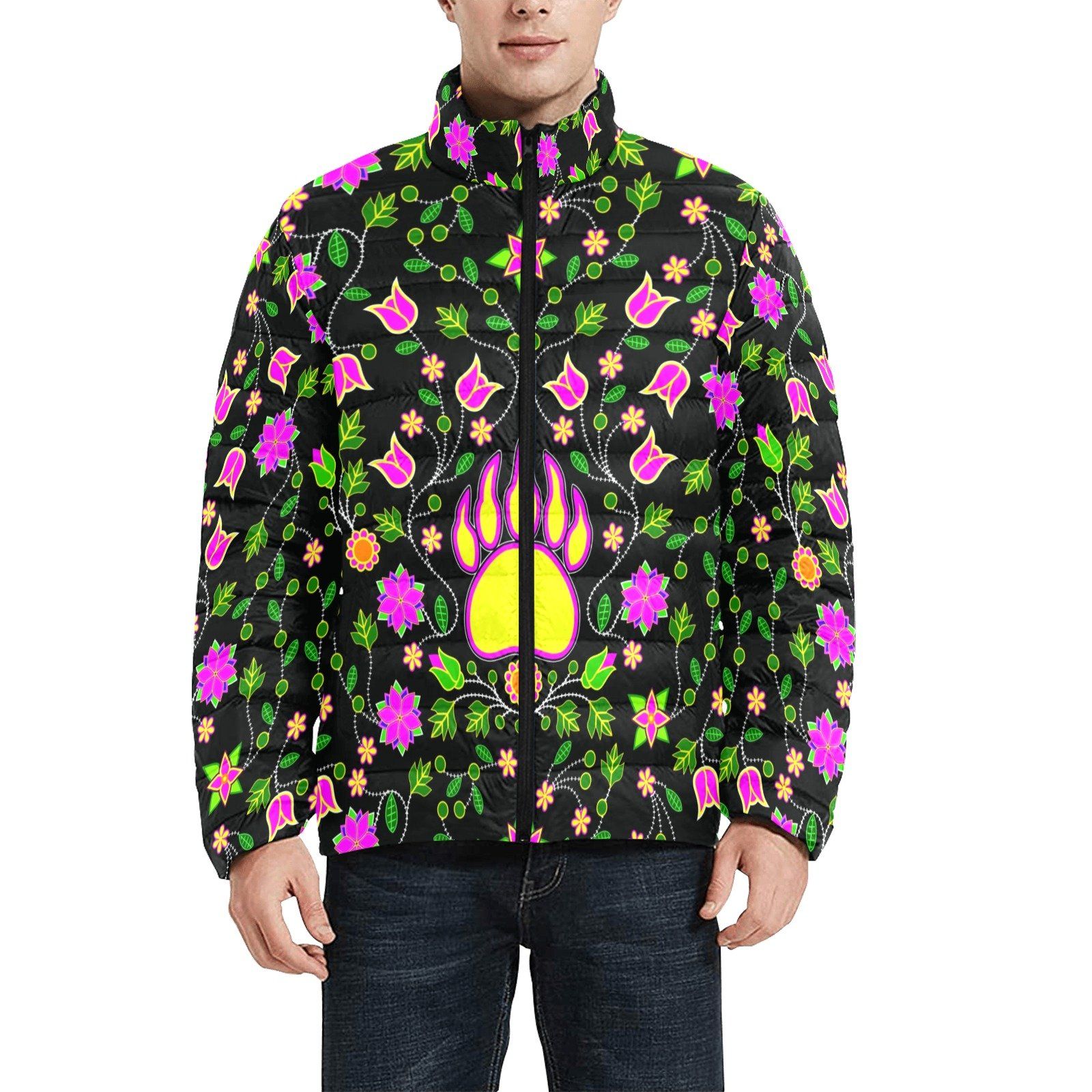 Floral Bearpaw Pink and Yellow Men's Stand Collar Padded Jacket (Model H41) Men's Stand Collar Padded Jacket (H41) e-joyer 