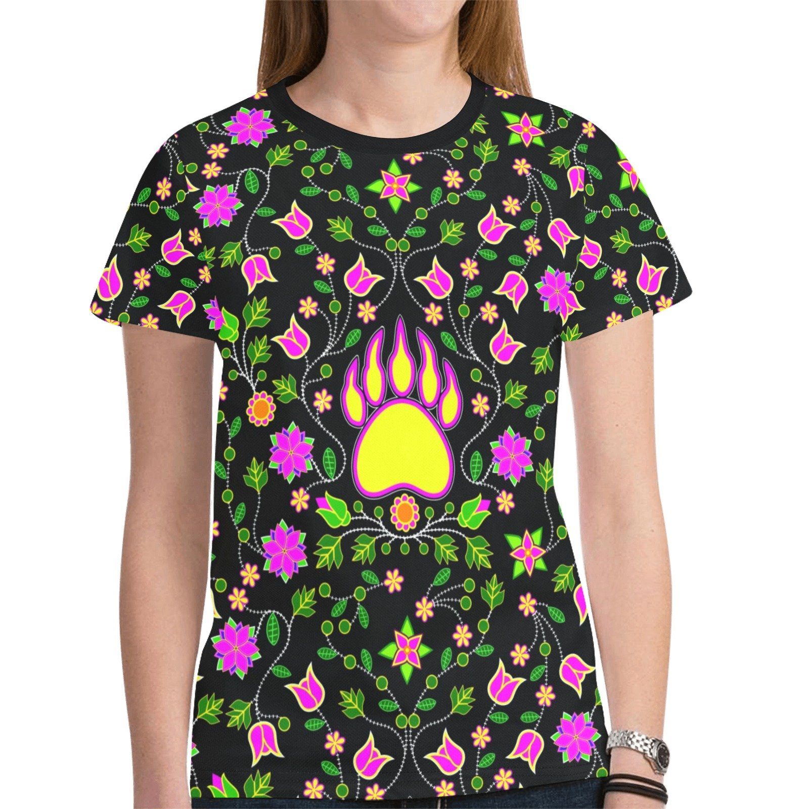 Floral Bearpaw Pink and Yellow New All Over Print T-shirt for Women (Model T45) tshirt e-joyer 