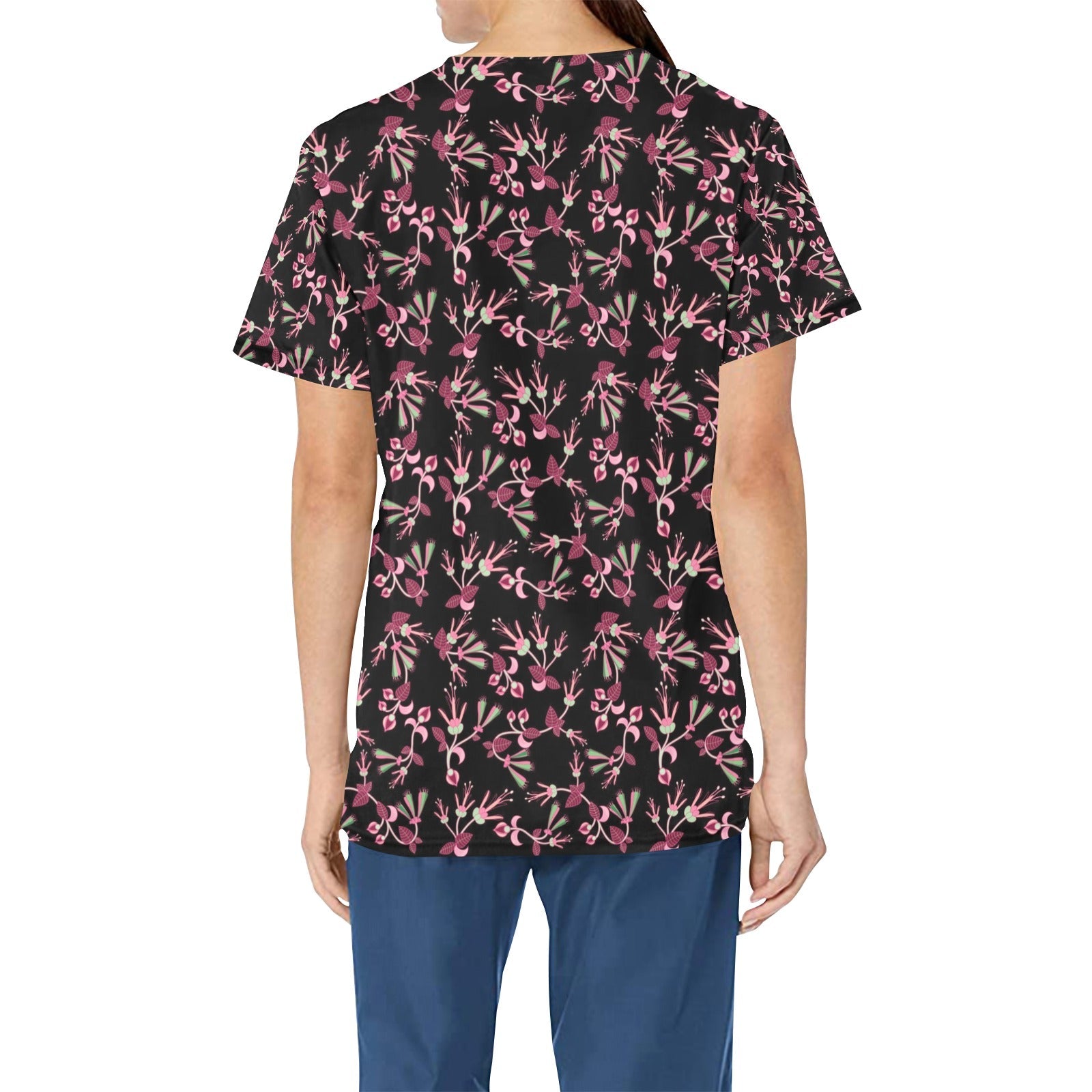 Floral Green Black All Over Print Scrub Top Scrub Top e-joyer 