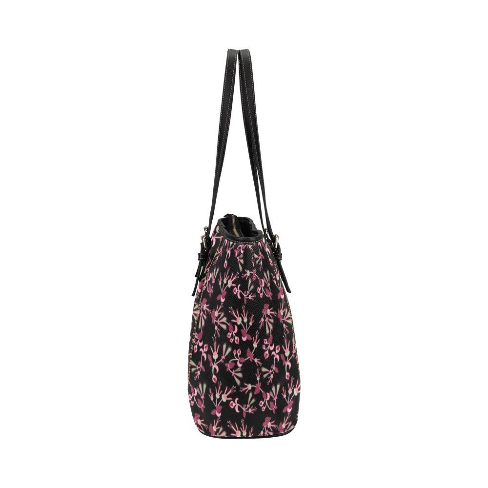 Floral Green Black Leather Tote Bag/Large (Model 1640) Leather Tote Bag (1640) e-joyer 