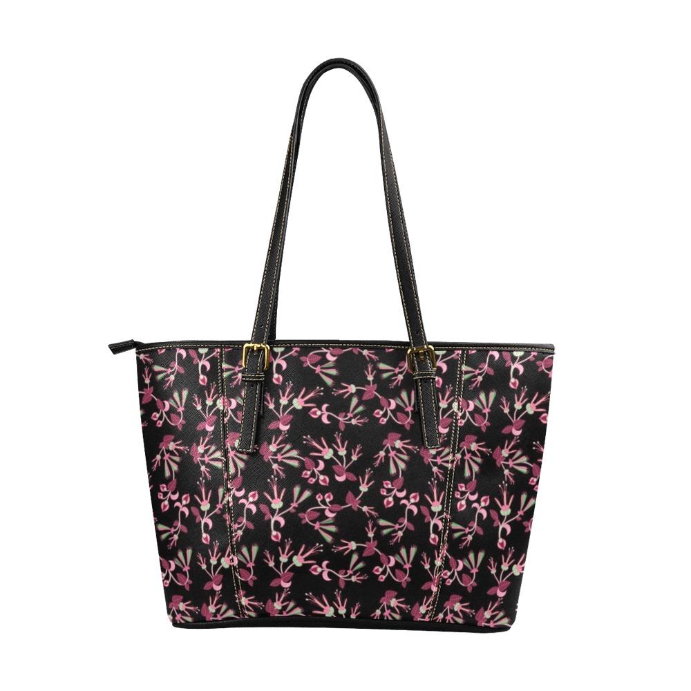 Floral Green Black Leather Tote Bag/Large (Model 1640) Leather Tote Bag (1640) e-joyer 