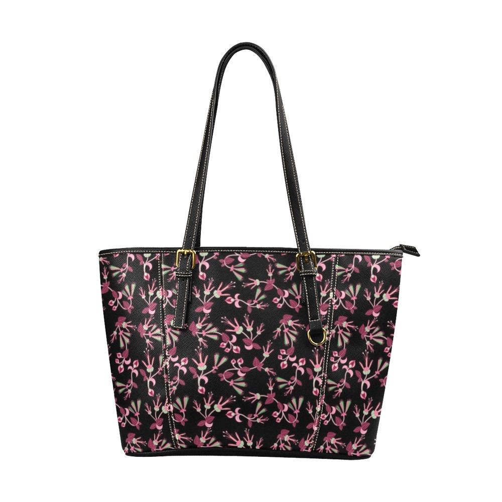 Floral Green Black Leather Tote Bag/Large (Model 1640) Leather Tote Bag (1640) e-joyer 