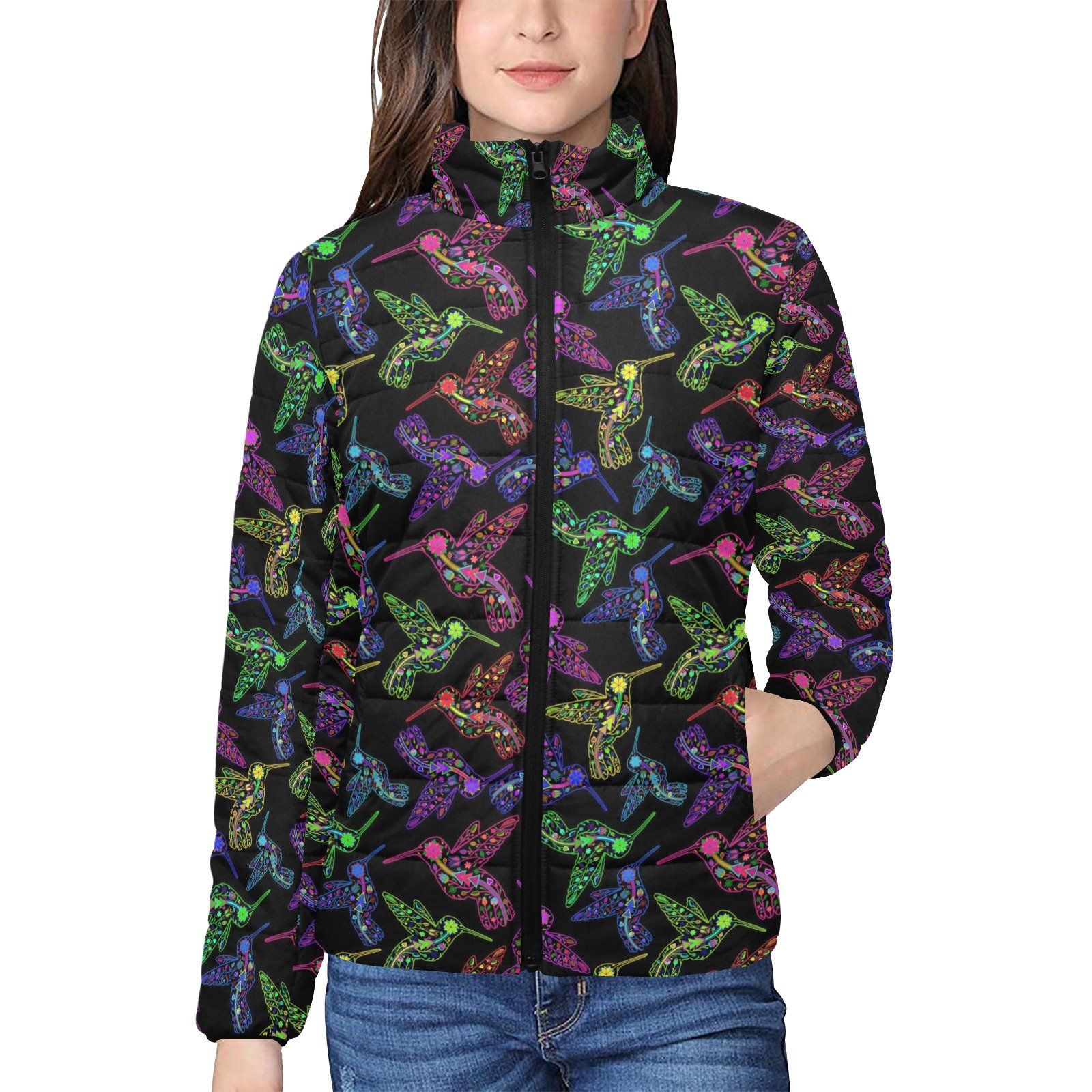 Floral Hummingbird Women's Stand Collar Padded Jacket (Model H41) jacket e-joyer 