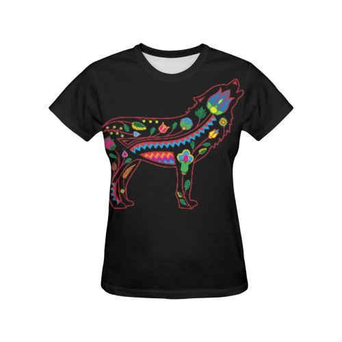 Floral Wolf All Over Print T-shirt for Women/Large Size (USA Size) (Model T40) All Over Print T-Shirt for Women/Large (T40) e-joyer 