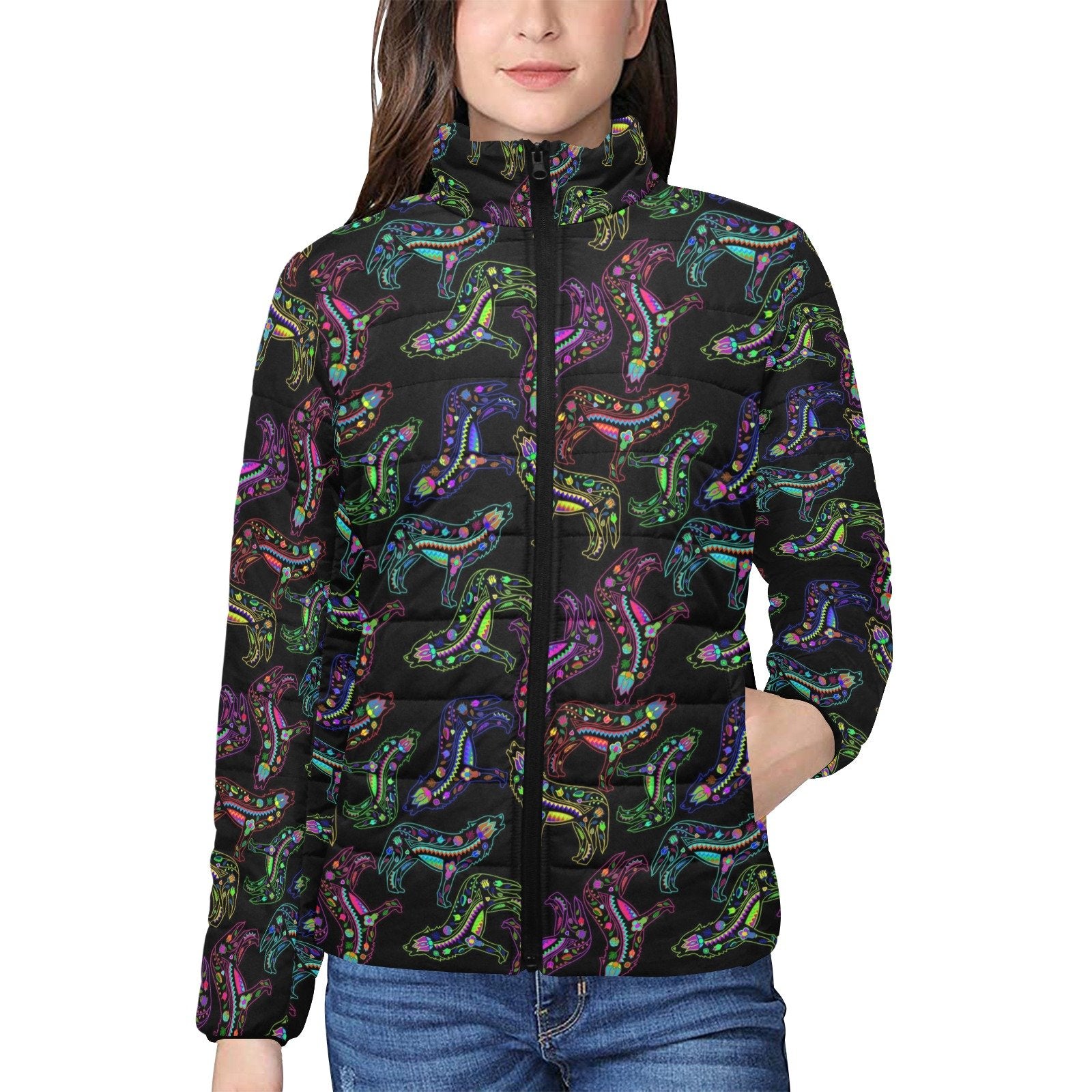 Floral Wolves Women's Stand Collar Padded Jacket (Model H41) jacket e-joyer 