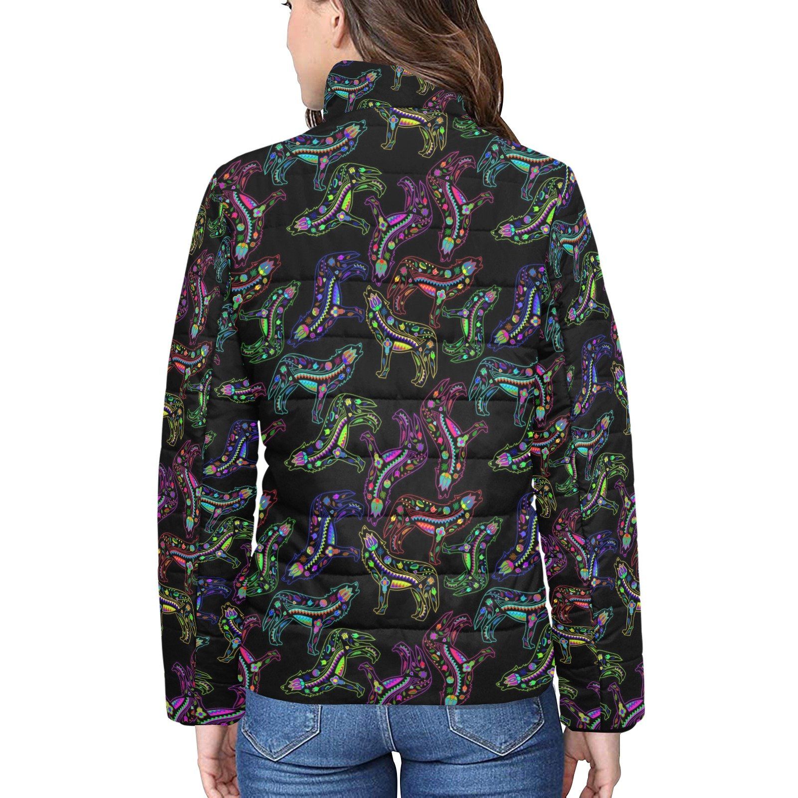 Floral Wolves Women's Stand Collar Padded Jacket (Model H41) jacket e-joyer 