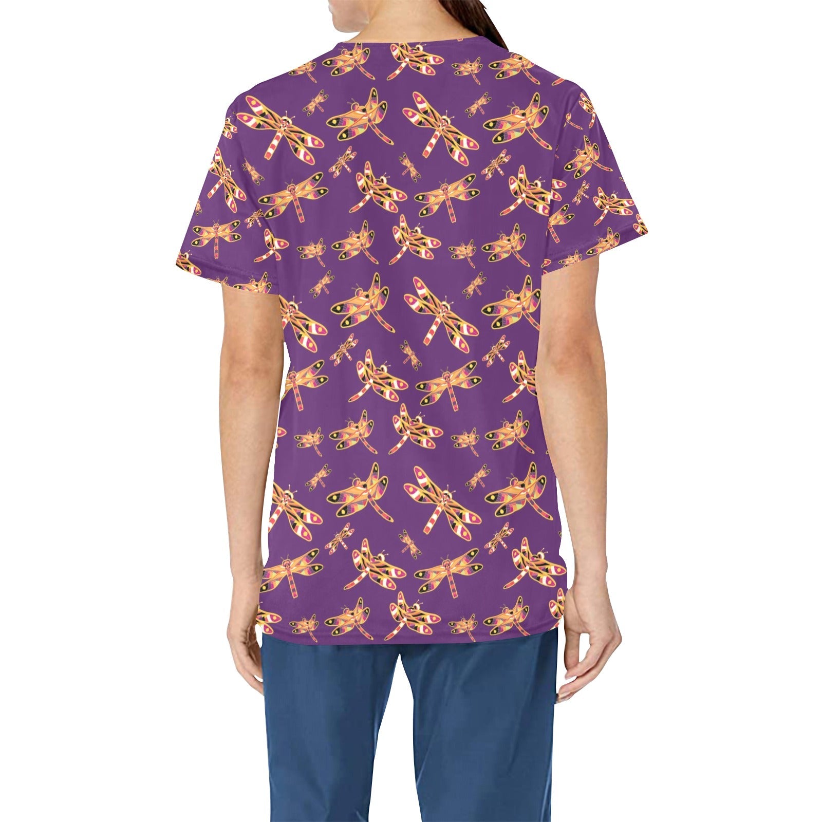 Gathering Yellow Purple All Over Print Scrub Top Scrub Top e-joyer 