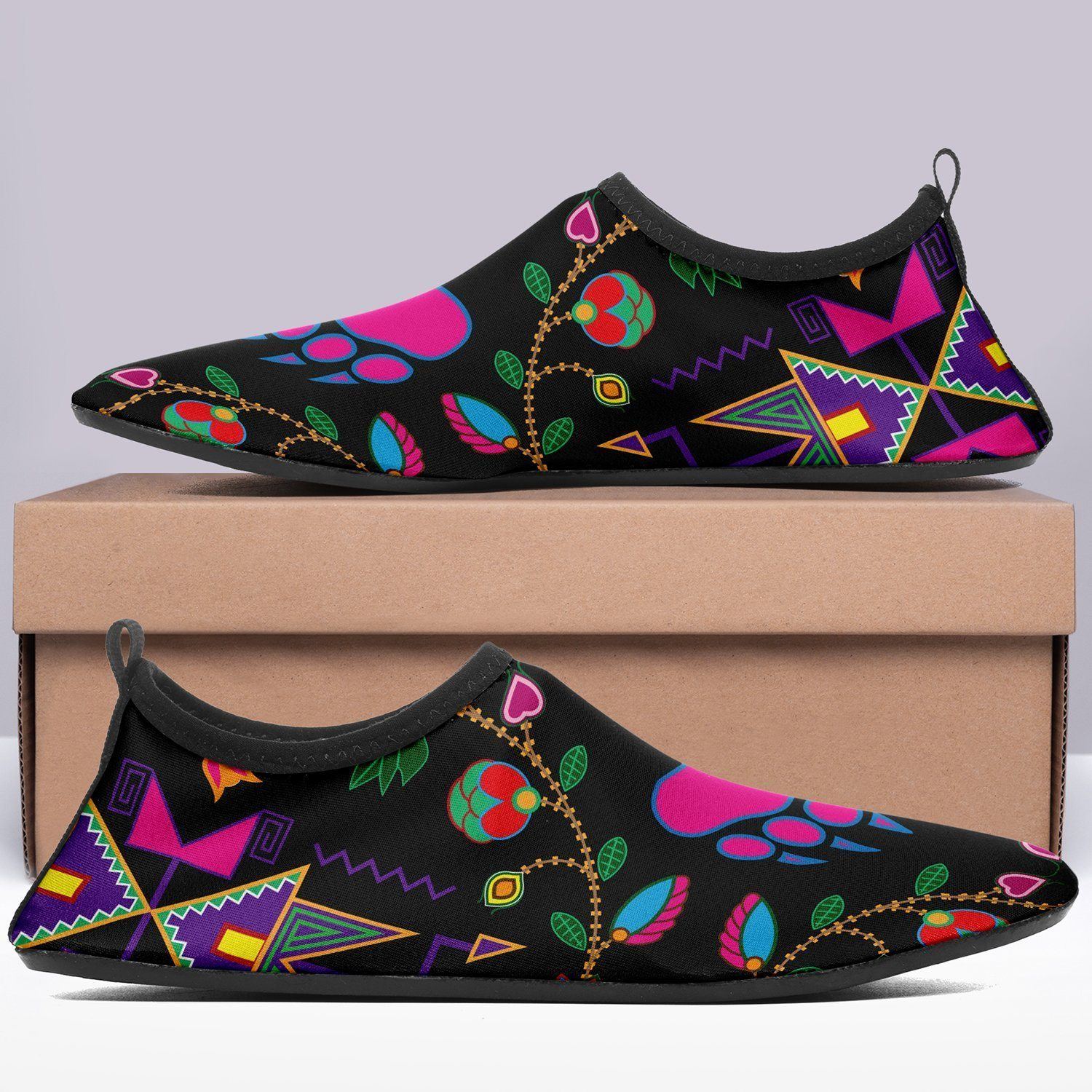 Geometric Floral Fall Black Sockamoccs Kid's Slip On Shoes 49 Dzine 