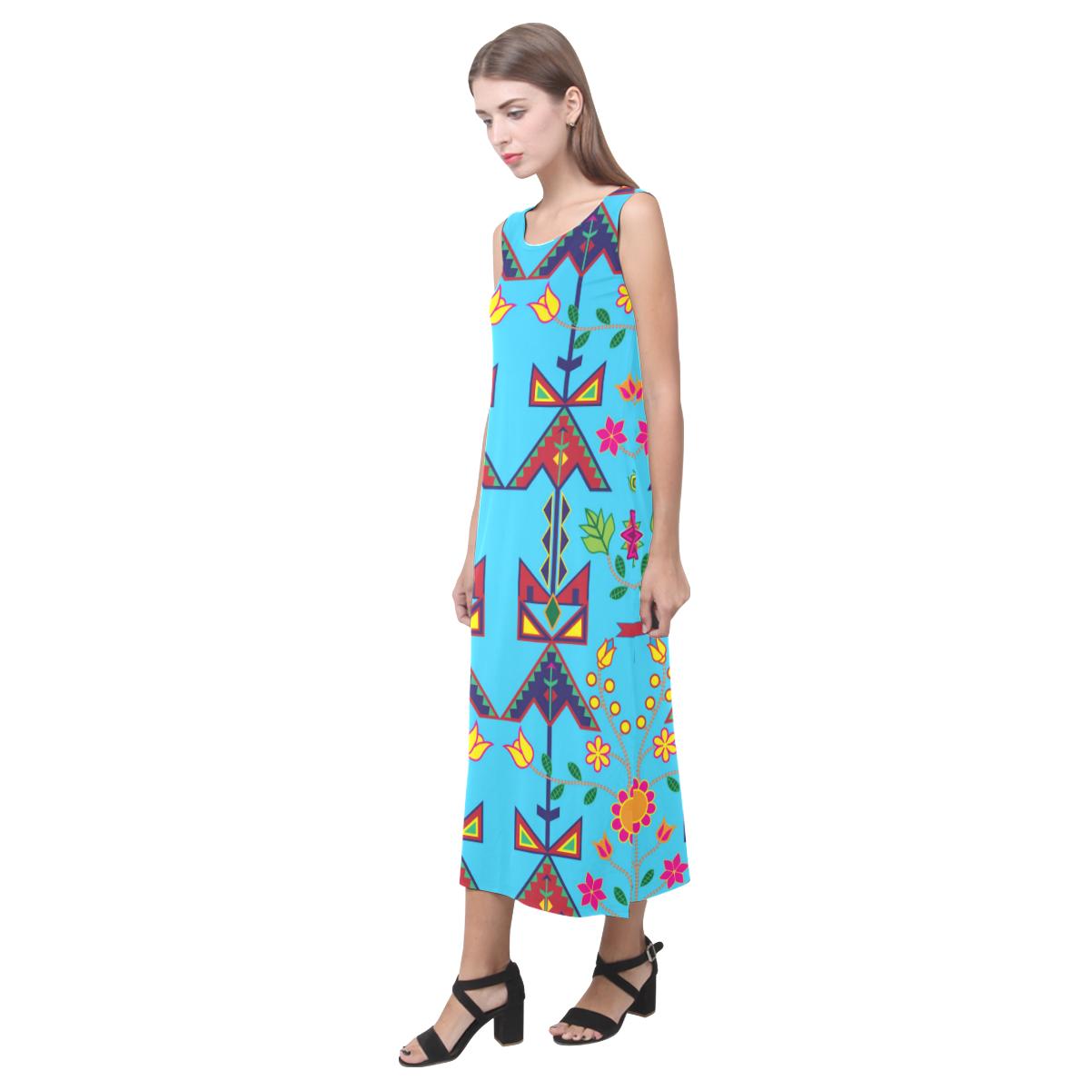 Geometric Floral Spring - Sky Blue Phaedra Sleeveless Open Fork Long Dress (Model D08) Phaedra Sleeveless Open Fork Long Dress (D08) e-joyer 