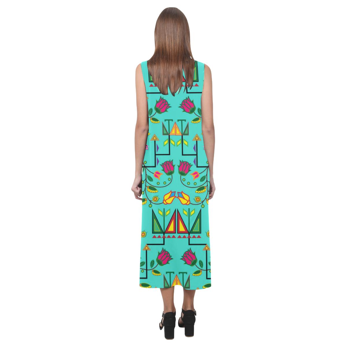 Geometric Floral Summer - Sky Phaedra Sleeveless Open Fork Long Dress (Model D08) Phaedra Sleeveless Open Fork Long Dress (D08) e-joyer 