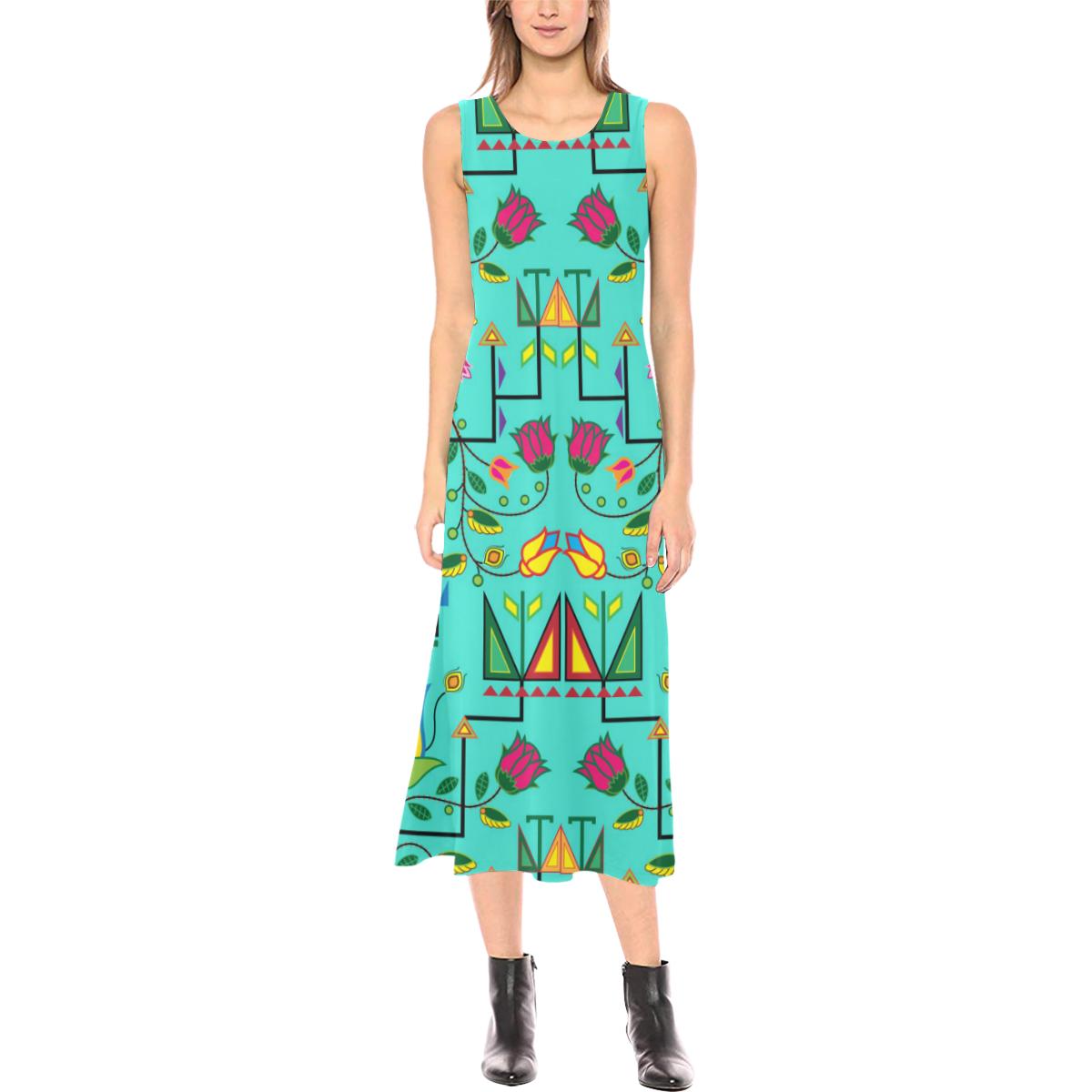 Geometric Floral Summer - Sky Phaedra Sleeveless Open Fork Long Dress (Model D08) Phaedra Sleeveless Open Fork Long Dress (D08) e-joyer 