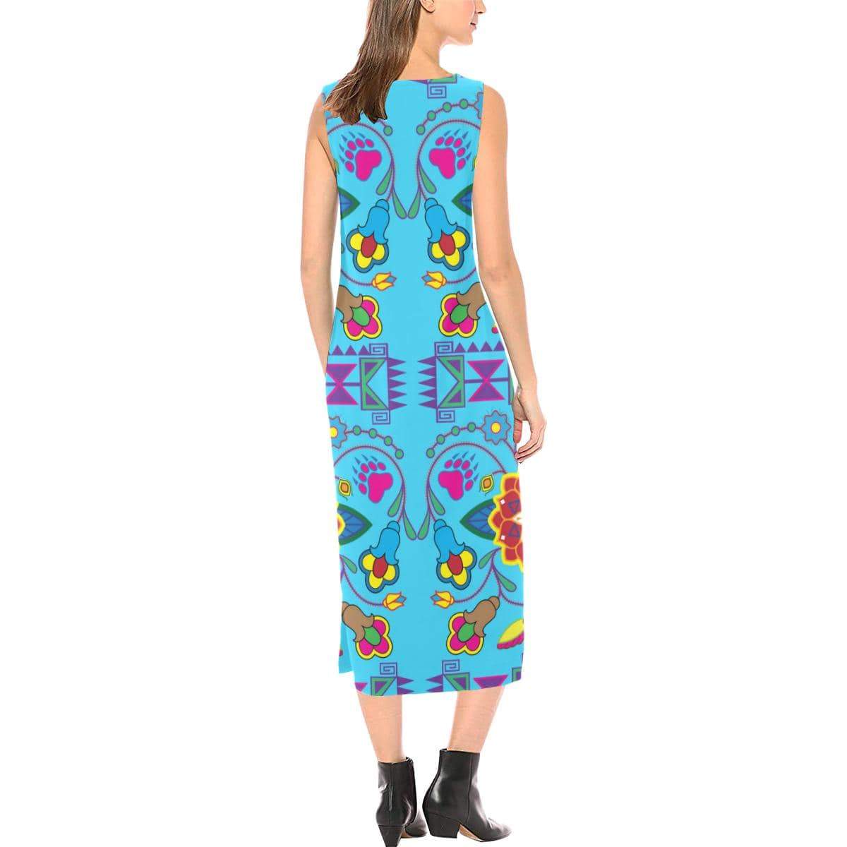 Geometric Floral Winter - Sky Blue Phaedra Sleeveless Open Fork Long Dress (Model D08) Phaedra Sleeveless Open Fork Long Dress (D08) e-joyer 