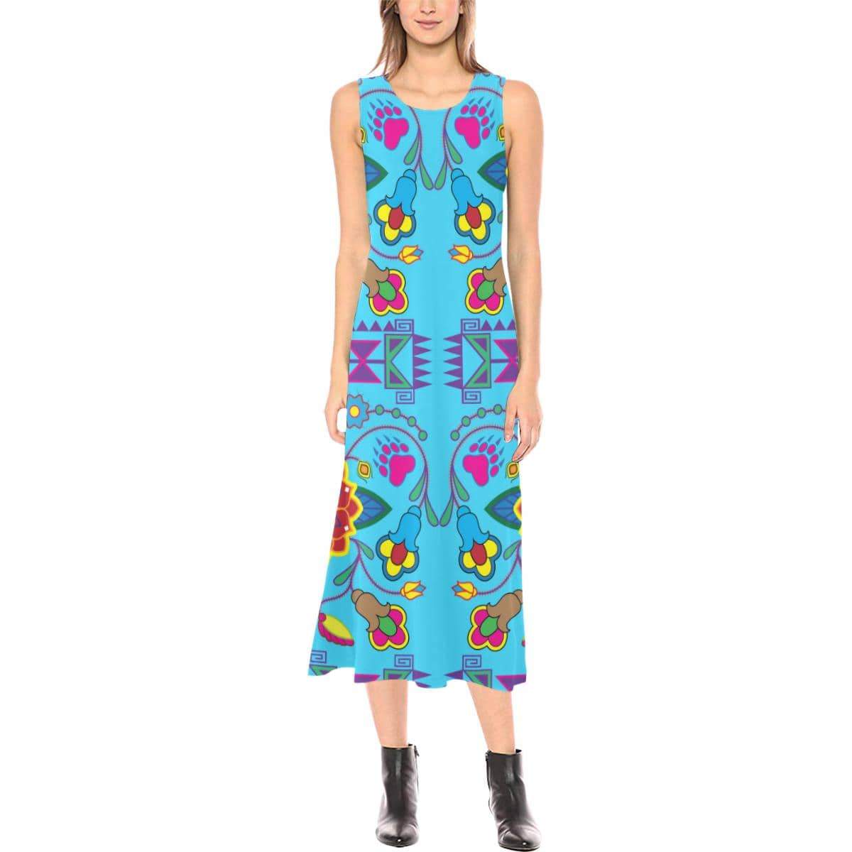 Geometric Floral Winter - Sky Blue Phaedra Sleeveless Open Fork Long Dress (Model D08) Phaedra Sleeveless Open Fork Long Dress (D08) e-joyer 