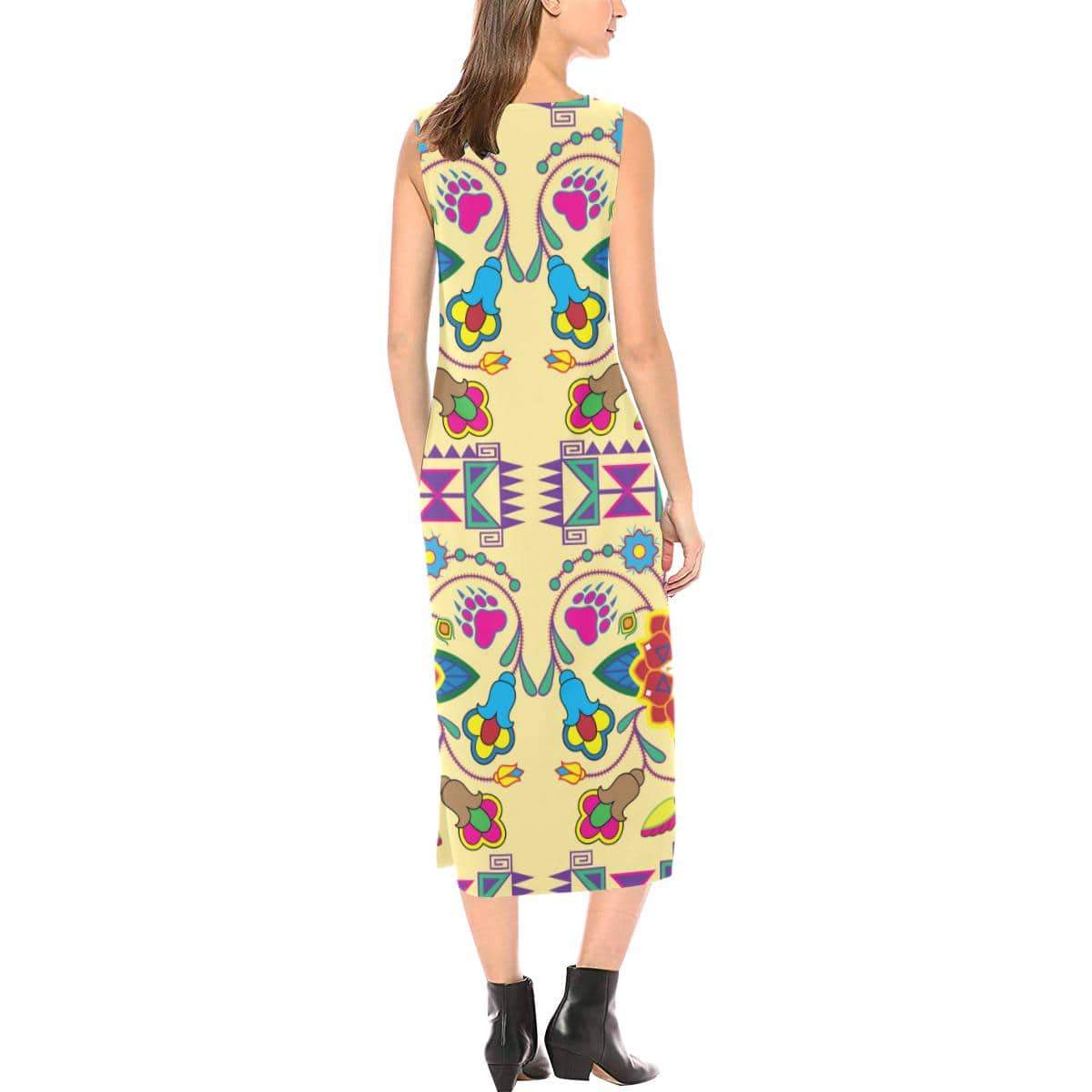 Geometric Floral Winter - Vanilla Phaedra Sleeveless Open Fork Long Dress (Model D08) Phaedra Sleeveless Open Fork Long Dress (D08) e-joyer 