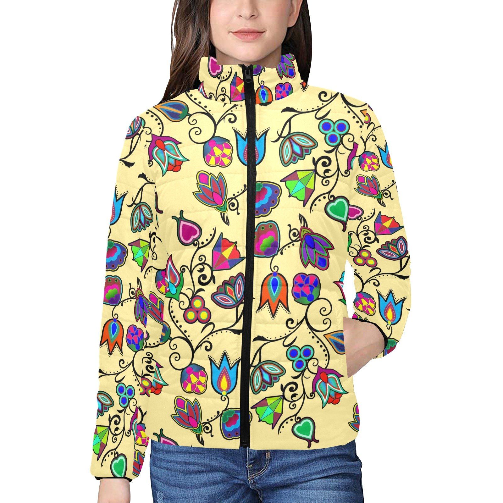 Indigenous Paisley Vanilla Women's Stand Collar Padded Jacket (Model H41) jacket e-joyer 