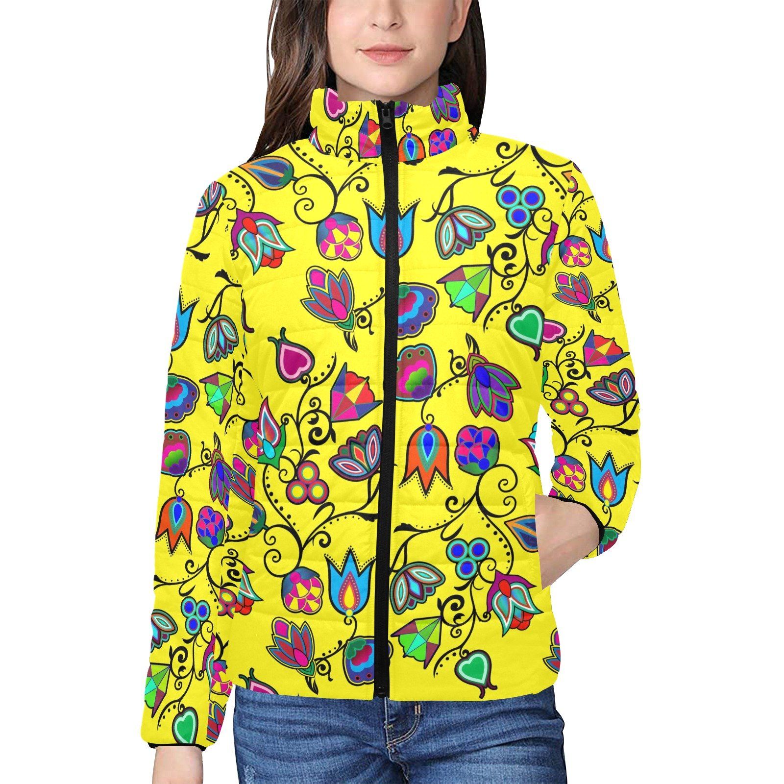 Indigenous Paisley Yellow Women's Stand Collar Padded Jacket (Model H41) jacket e-joyer 