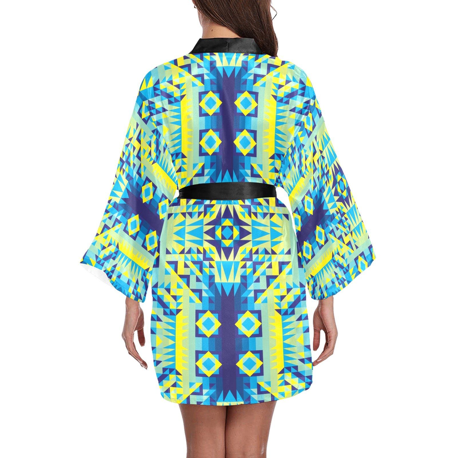 Kaleidoscope Jaune Bleu Long Sleeve Kimono Robe Long Sleeve Kimono Robe e-joyer 