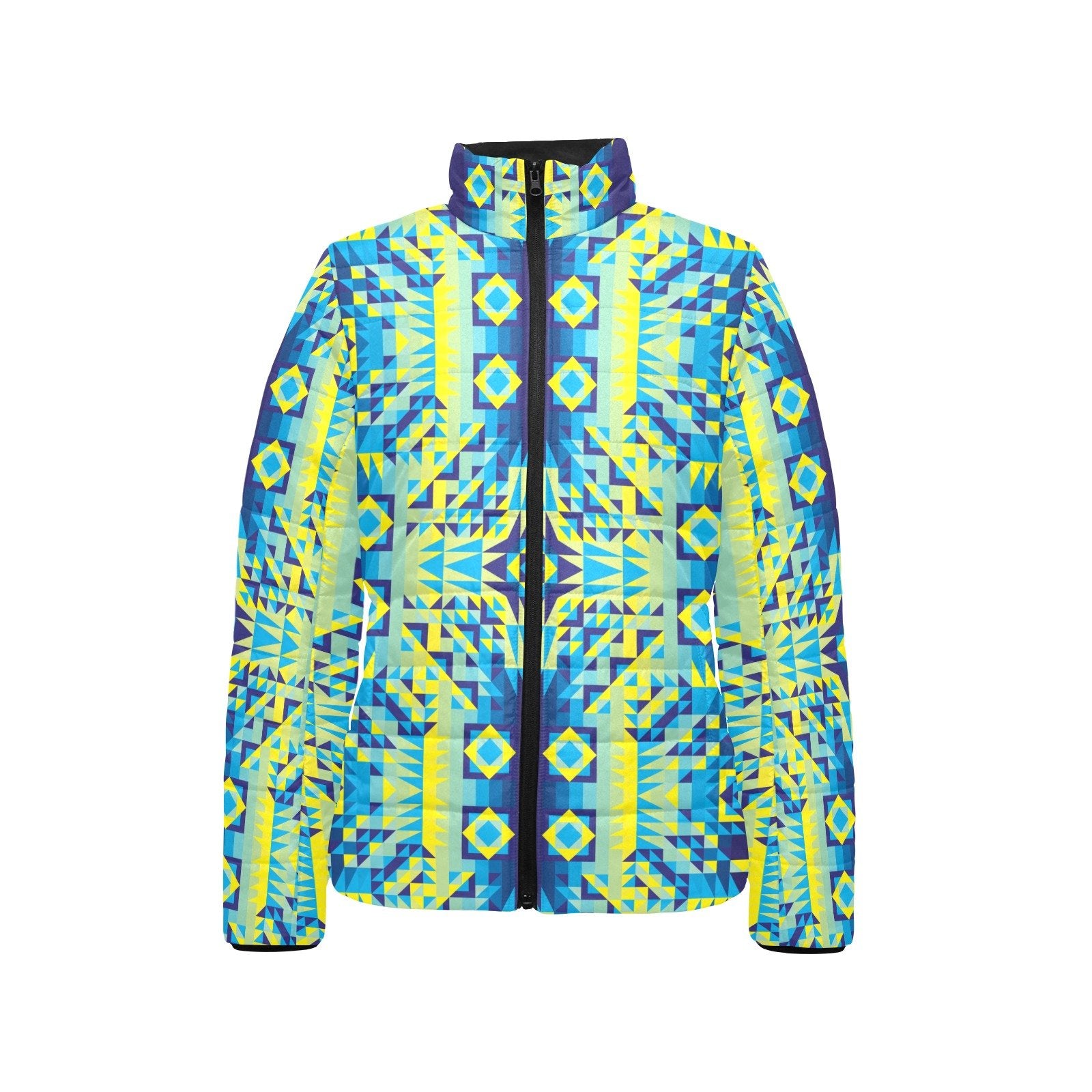 Kaleidoscope Jaune Bleu Women's Stand Collar Padded Jacket (Model H41) jacket e-joyer 