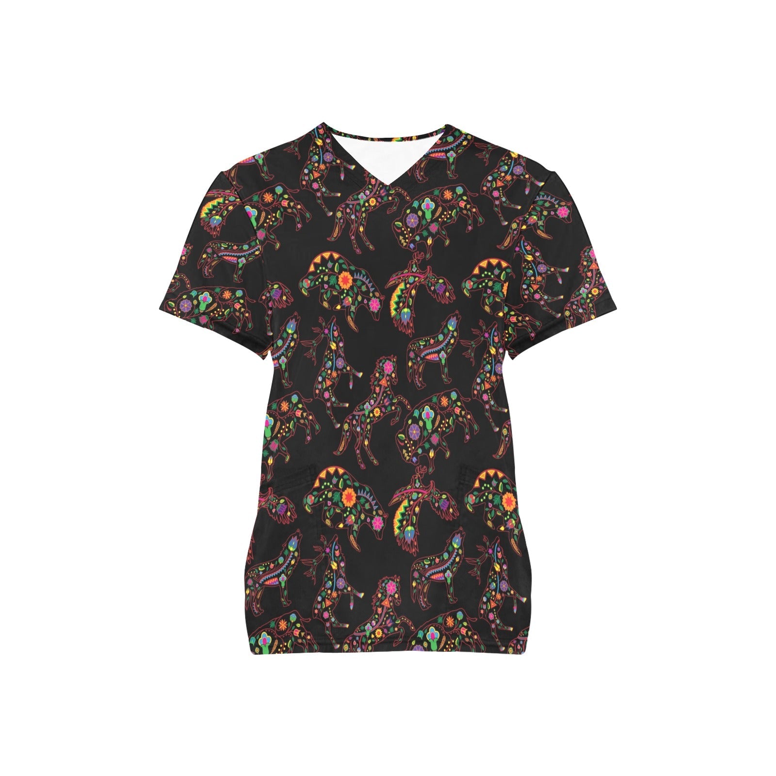 Neon Floral Animals All Over Print Scrub Top Scrub Top e-joyer 