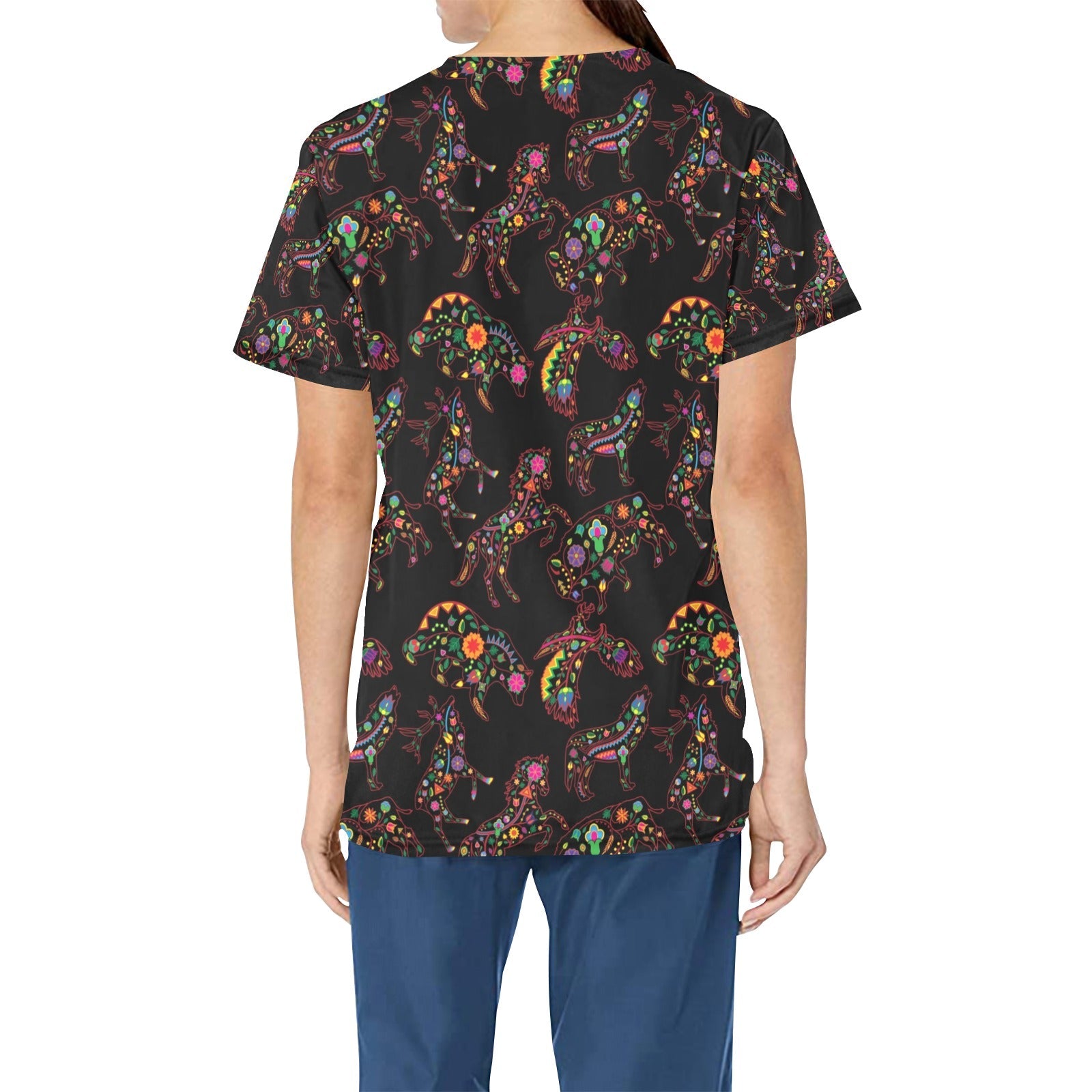 Neon Floral Animals All Over Print Scrub Top Scrub Top e-joyer 