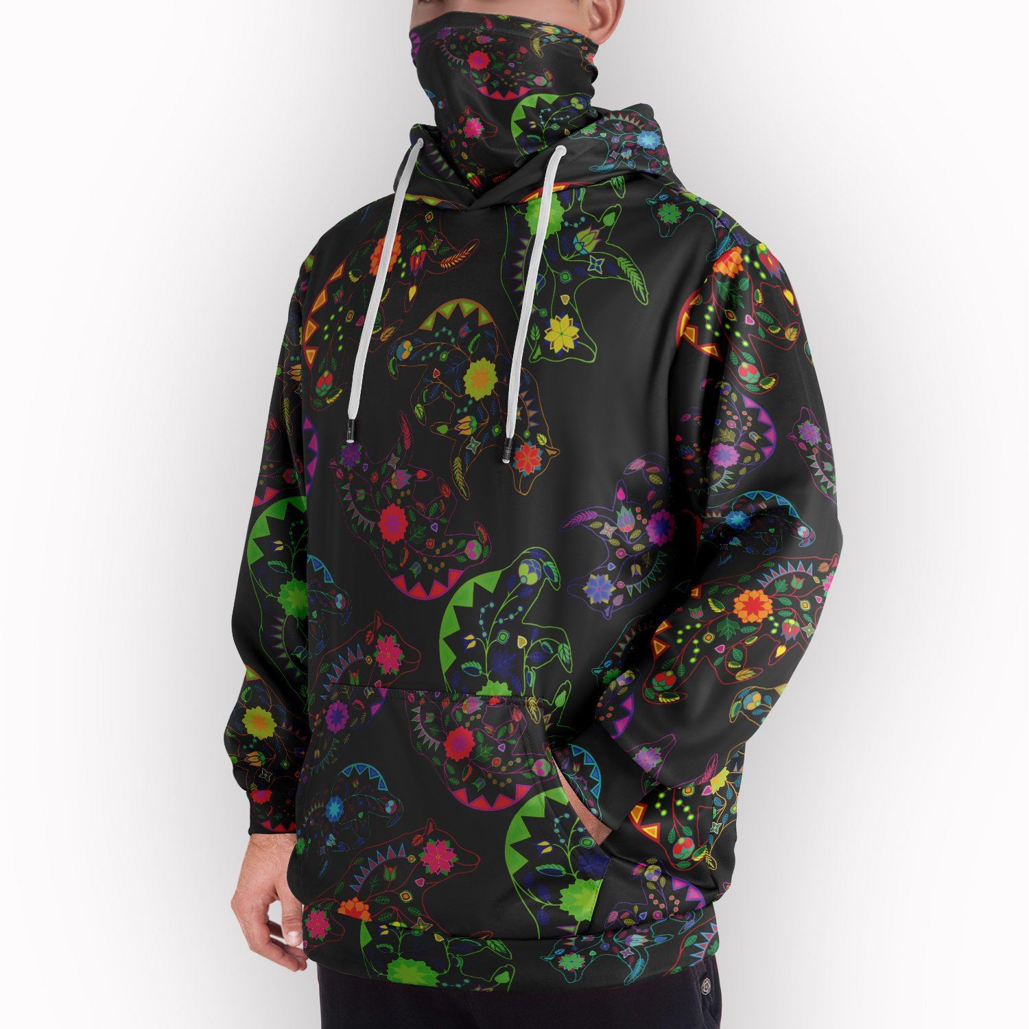 Neon Floral Bears Hoodie with Face Cover 49 Dzine 