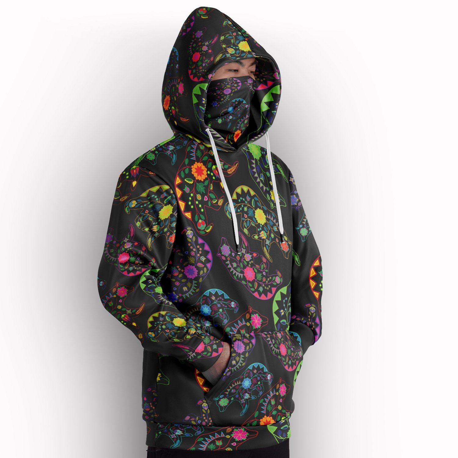 Neon Floral Bears Hoodie with Face Cover 49 Dzine 