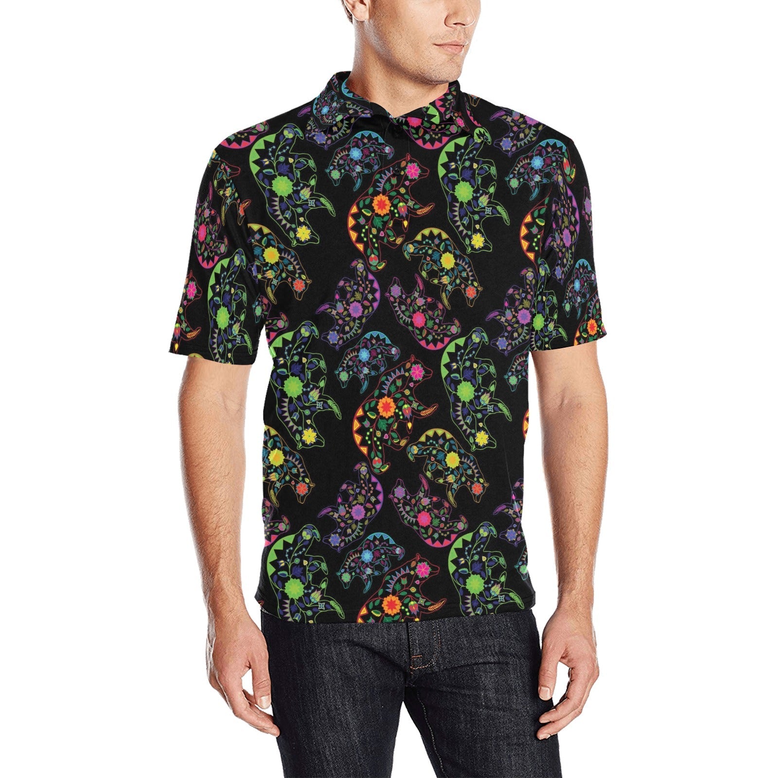 Neon Floral Bears Men's All Over Print Polo Shirt (Model T55) Men's Polo Shirt (Model T55) e-joyer 