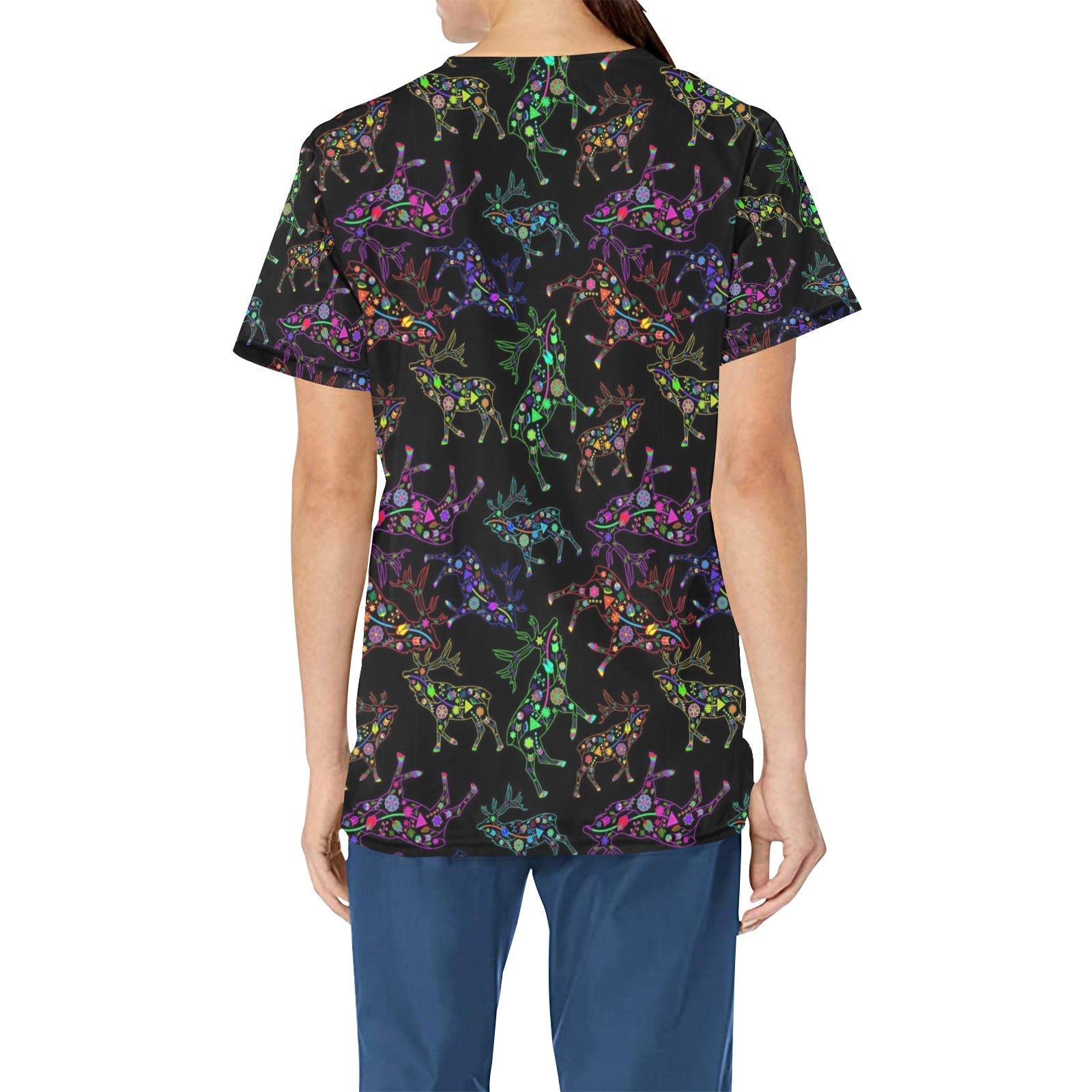 Neon Floral Elks All Over Print Scrub Top Scrub Top e-joyer 