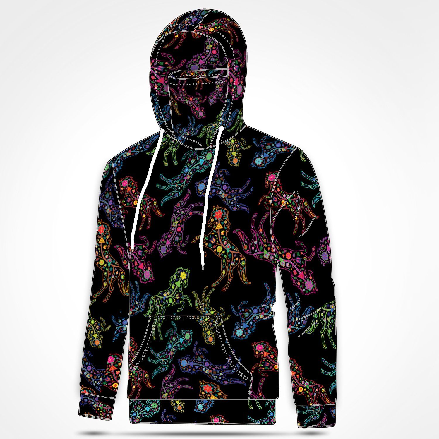 Neon Floral Horses Hoodie with Face Cover 49 Dzine 