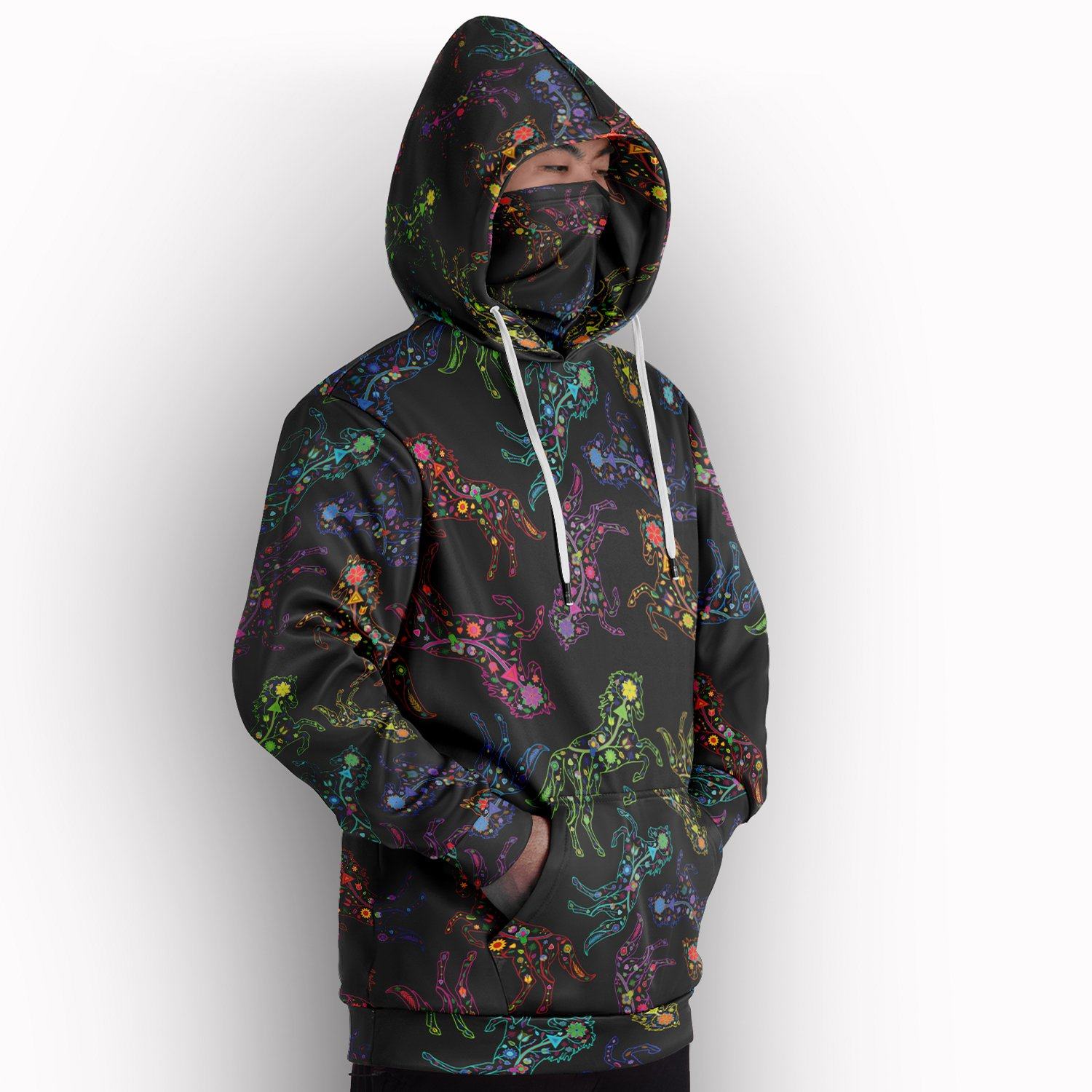 Neon Floral Horses Hoodie with Face Cover 49 Dzine 