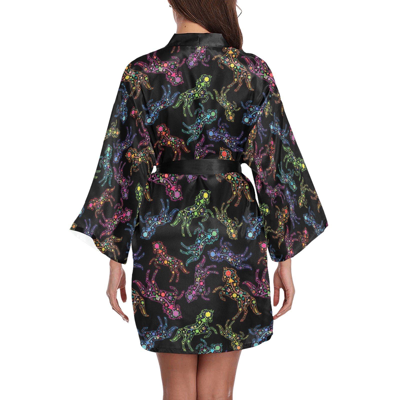 Neon Floral Horses Long Sleeve Kimono Robe Long Sleeve Kimono Robe e-joyer 