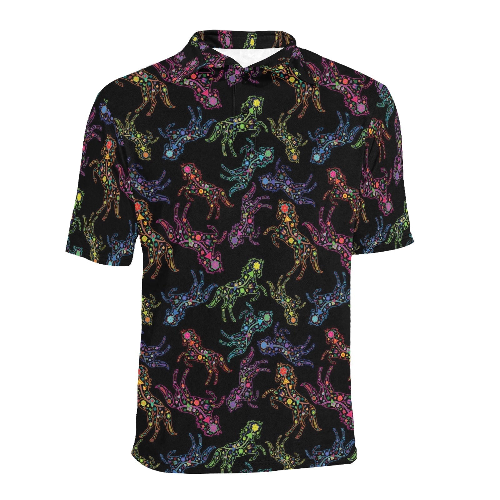 Neon Floral Horses Men's All Over Print Polo Shirt (Model T55) Men's Polo Shirt (Model T55) e-joyer 