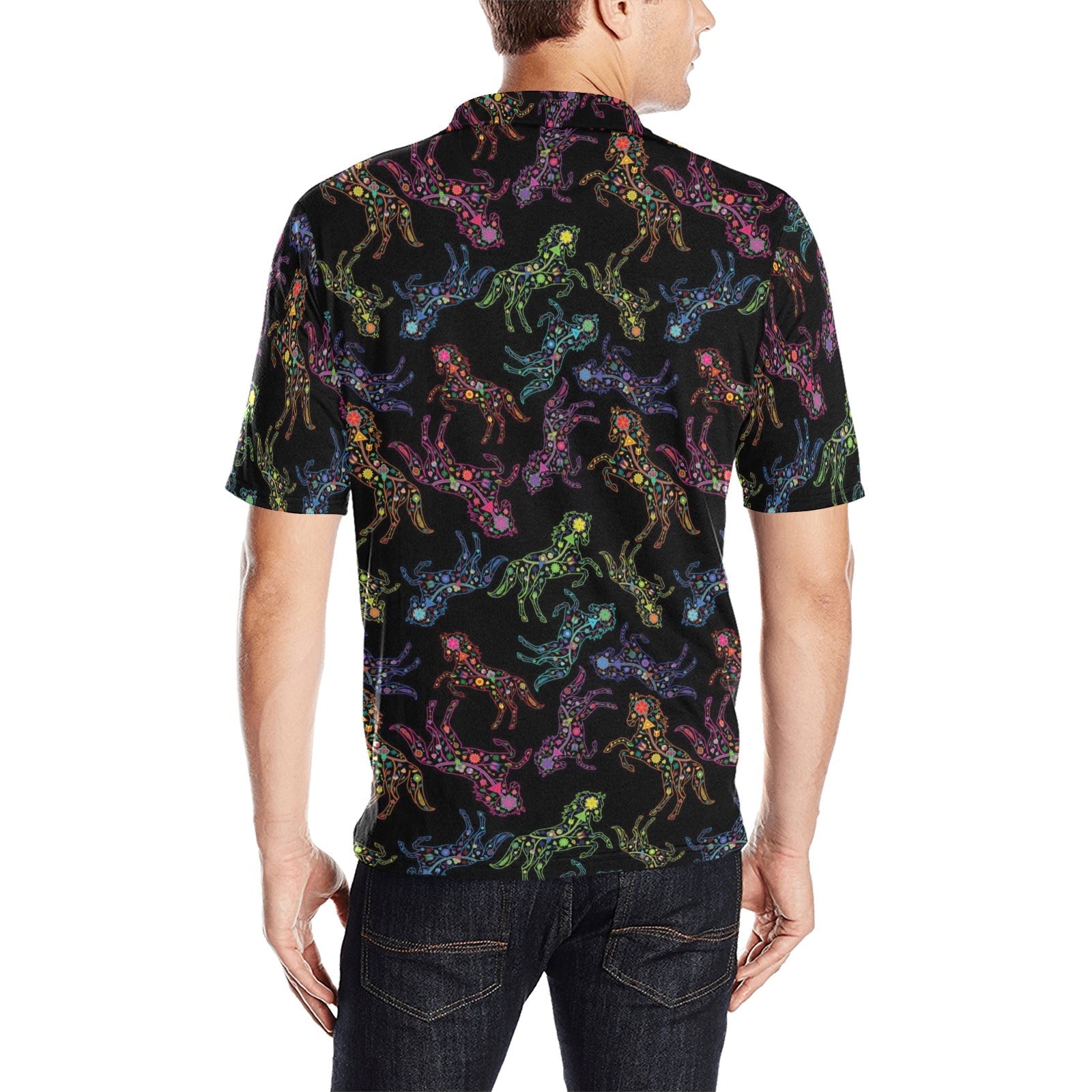 Neon Floral Horses Men's All Over Print Polo Shirt (Model T55) Men's Polo Shirt (Model T55) e-joyer 