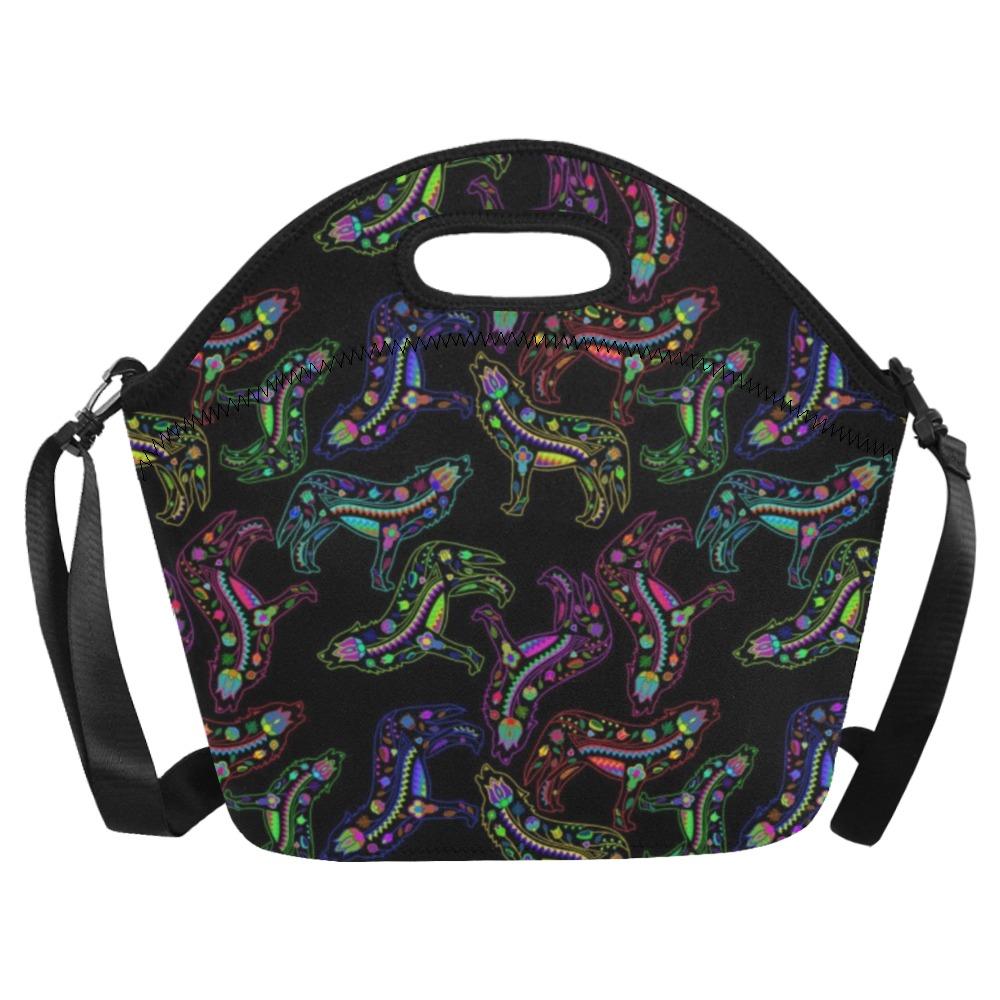 Neon Floral Wolves Neoprene Lunch Bag/Large (Model 1669) bag e-joyer 