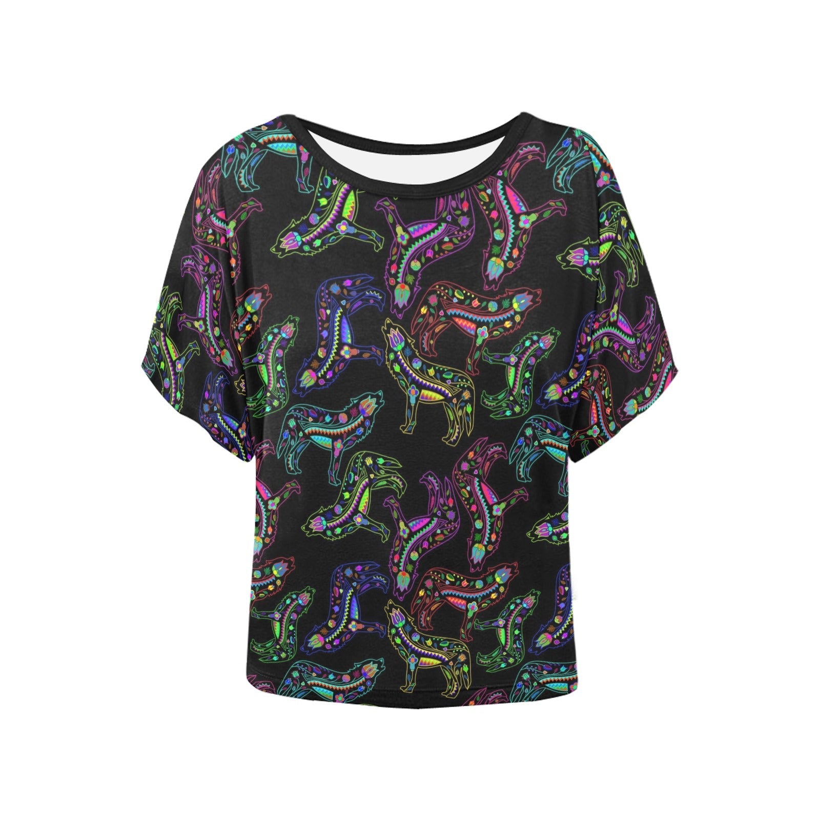 Neon Floral Wolves Women's Batwing-Sleeved Blouse T shirt (Model T44) Women's Batwing-Sleeved Blouse T shirt (T44) e-joyer 